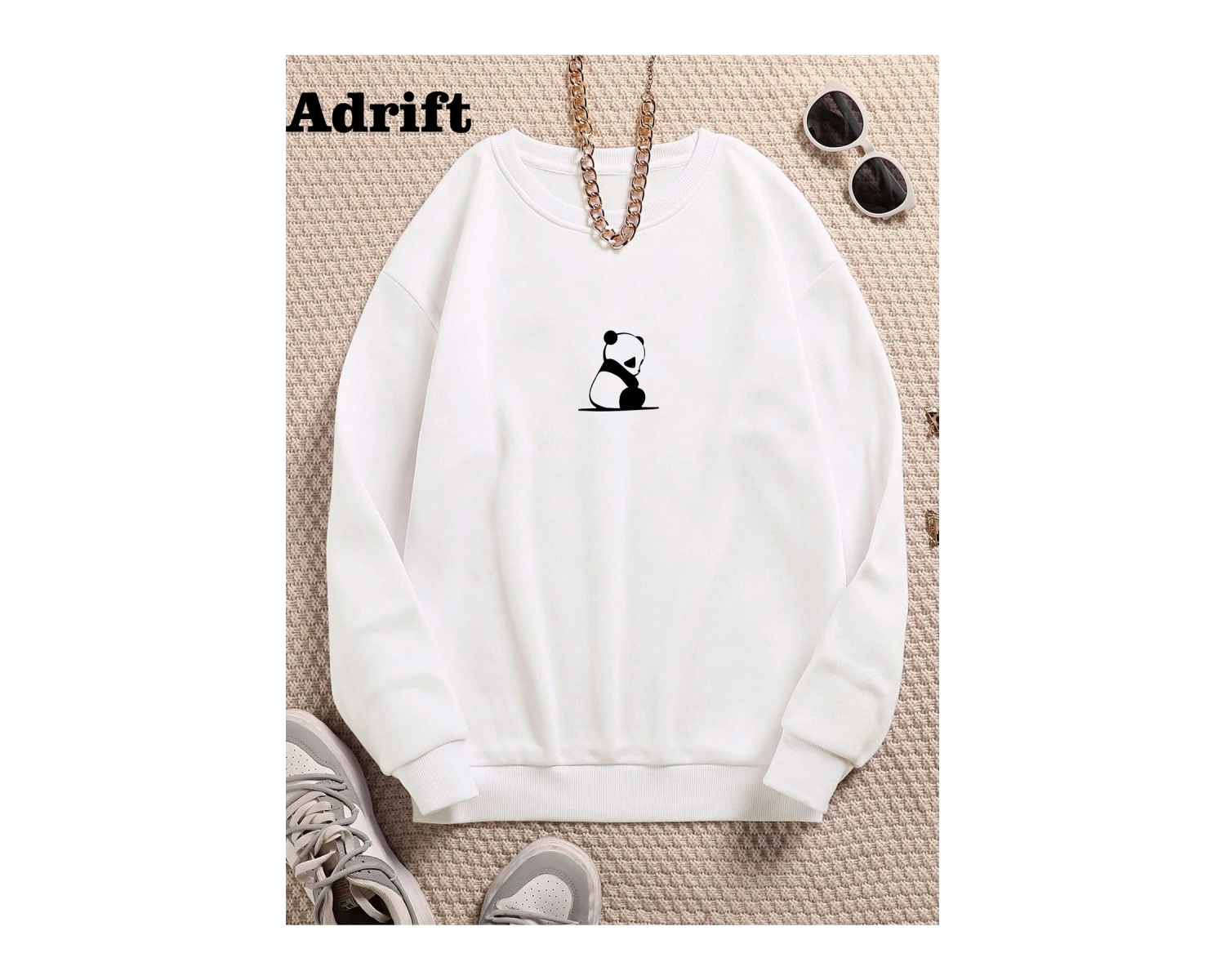 Panda Renkli Oversize Bisiklet Yaka Pamuklu Sweatshirt Beyaz