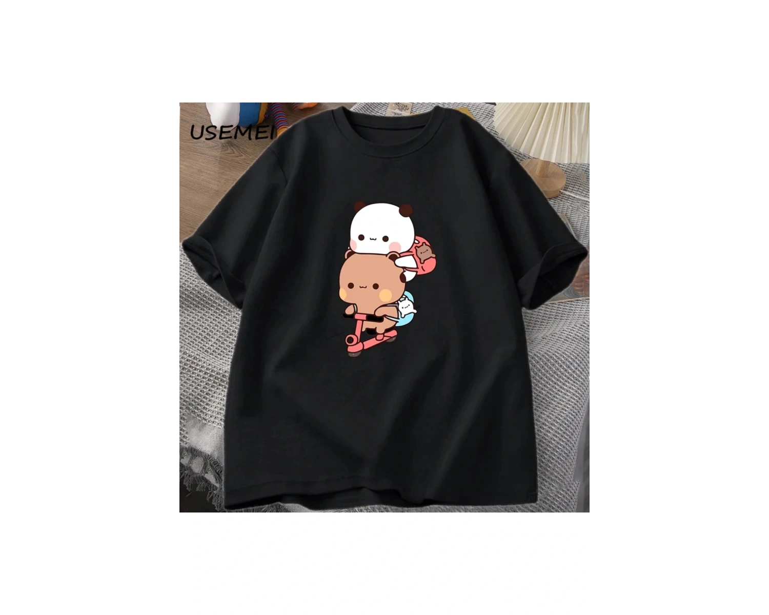 Panda ve Brownie ayı çift bisiklet sürme t-shirt boy komik karikatür T Shirt erkekler pamuk O 3040