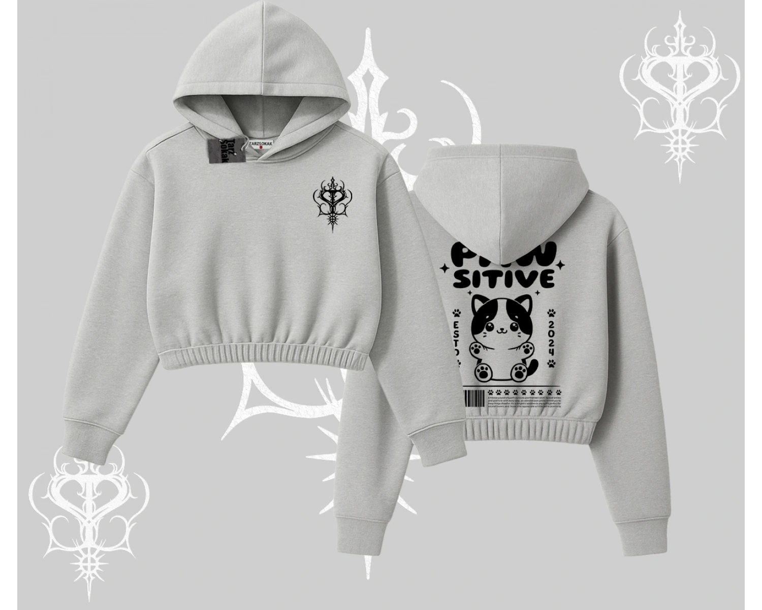 Paw Sitive Kedi Arka Baskılı Kapşonlu Crop Sweatshirt