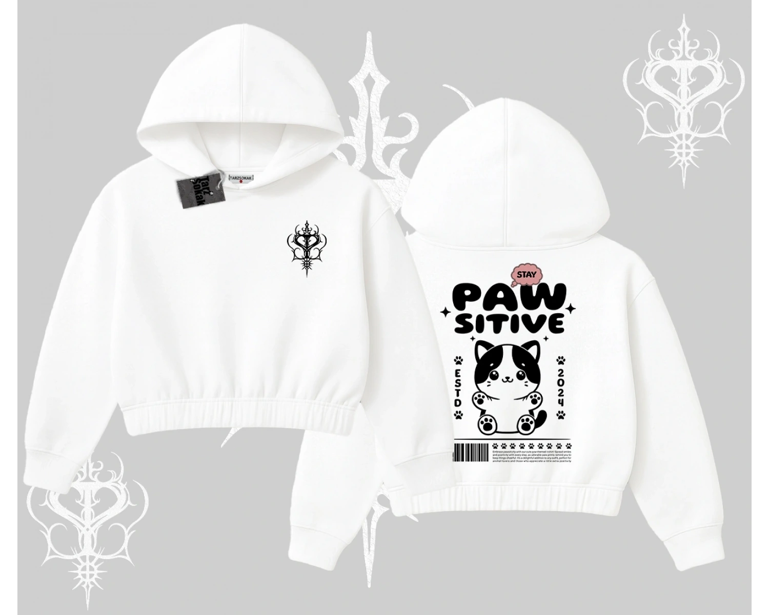Paw Sitive Kedi Arka Baskılı Kapşonlu Crop Sweatshirt