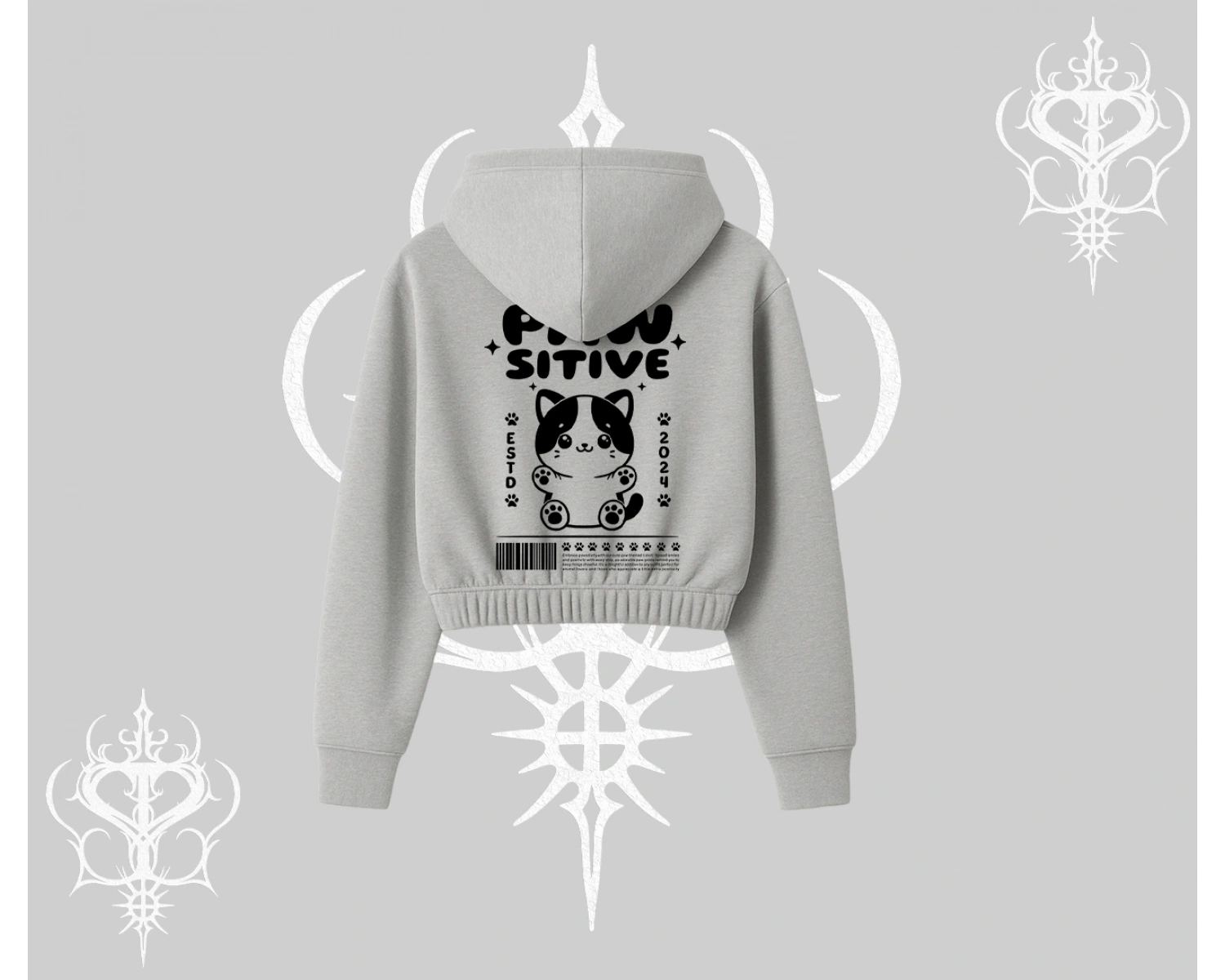 Paw Sitive Kedi Arka Baskılı Kapşonlu Crop Sweatshirt
