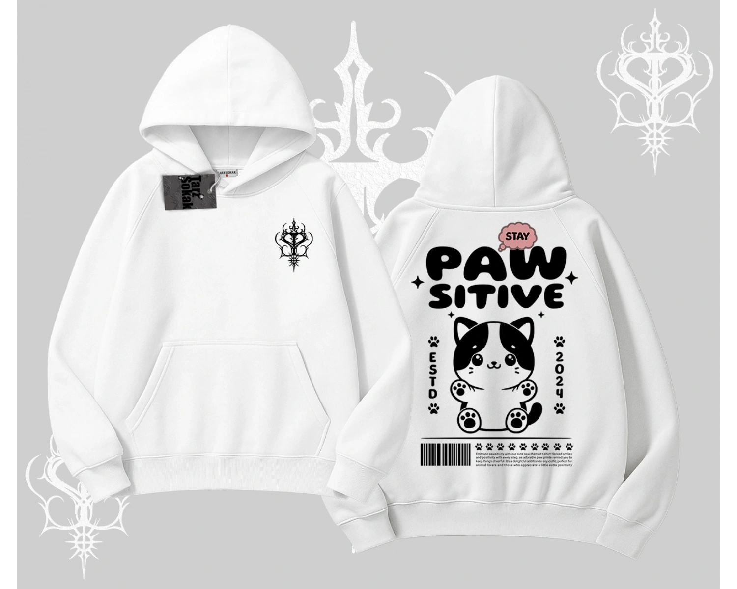 Paw Sitive Kedi Arka Baskılı Kapşonlu Sweatshirt