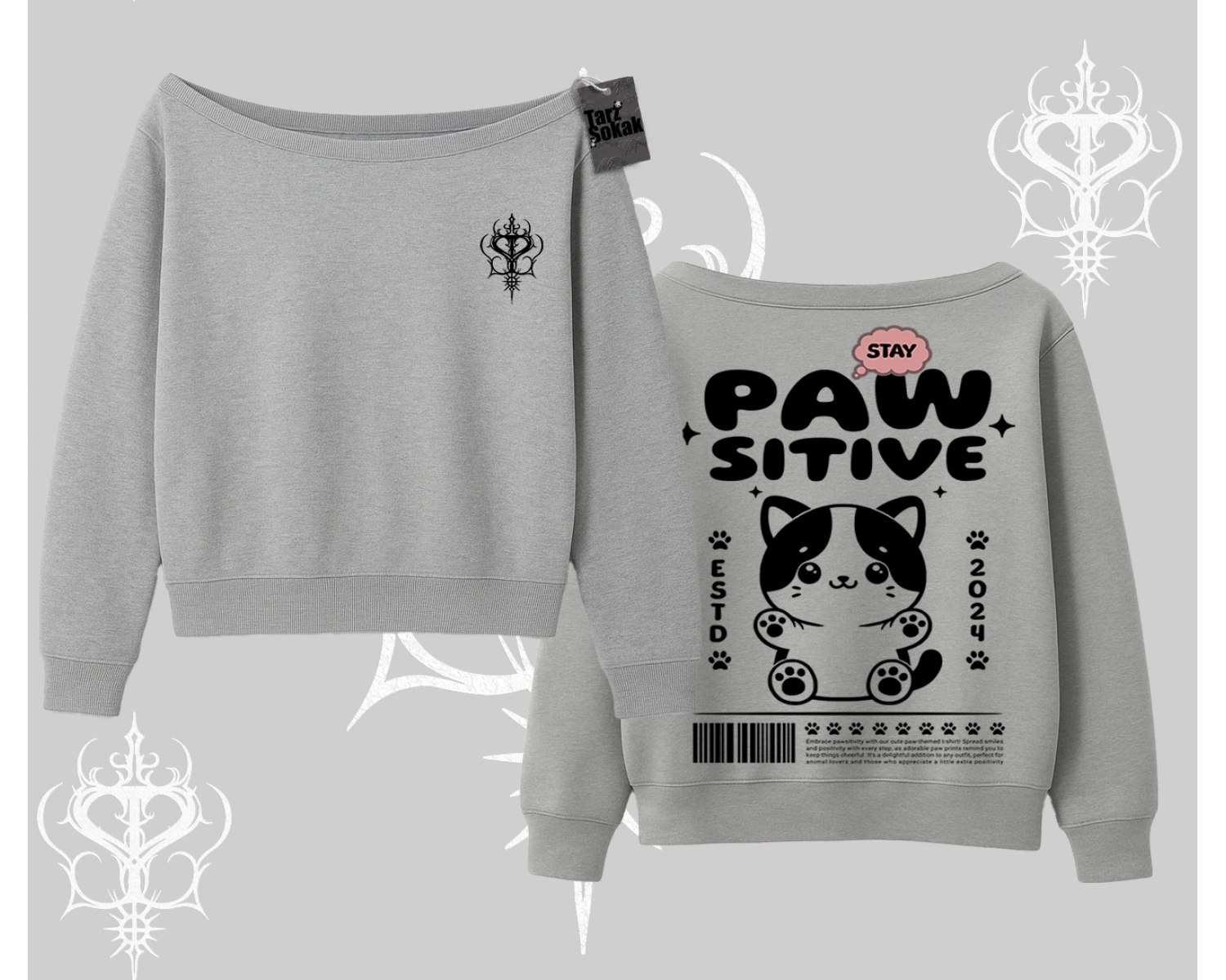 Paw Sitive Kedi Arka Baskılı Kayık Yaka Sweatshirt