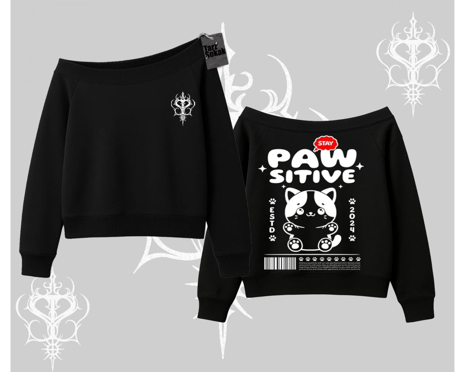 Paw Sitive Kedi Arka Baskılı Kayık Yaka Sweatshirt