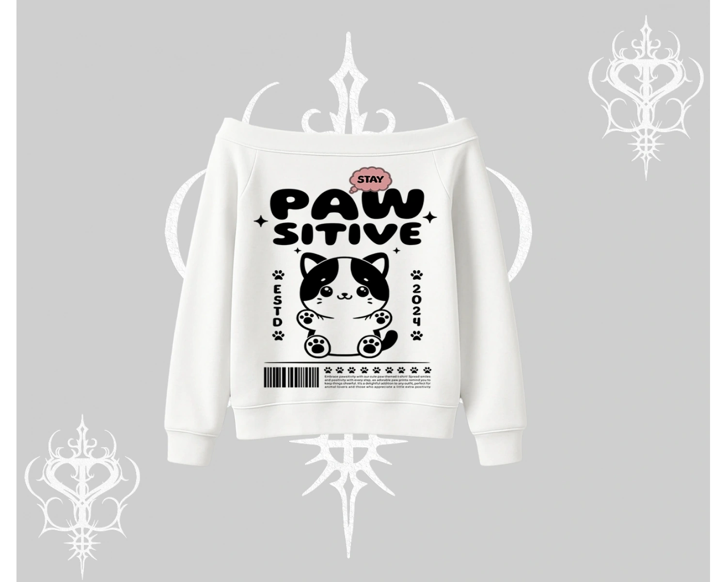Paw Sitive Kedi Arka Baskılı Kayık Yaka Sweatshirt