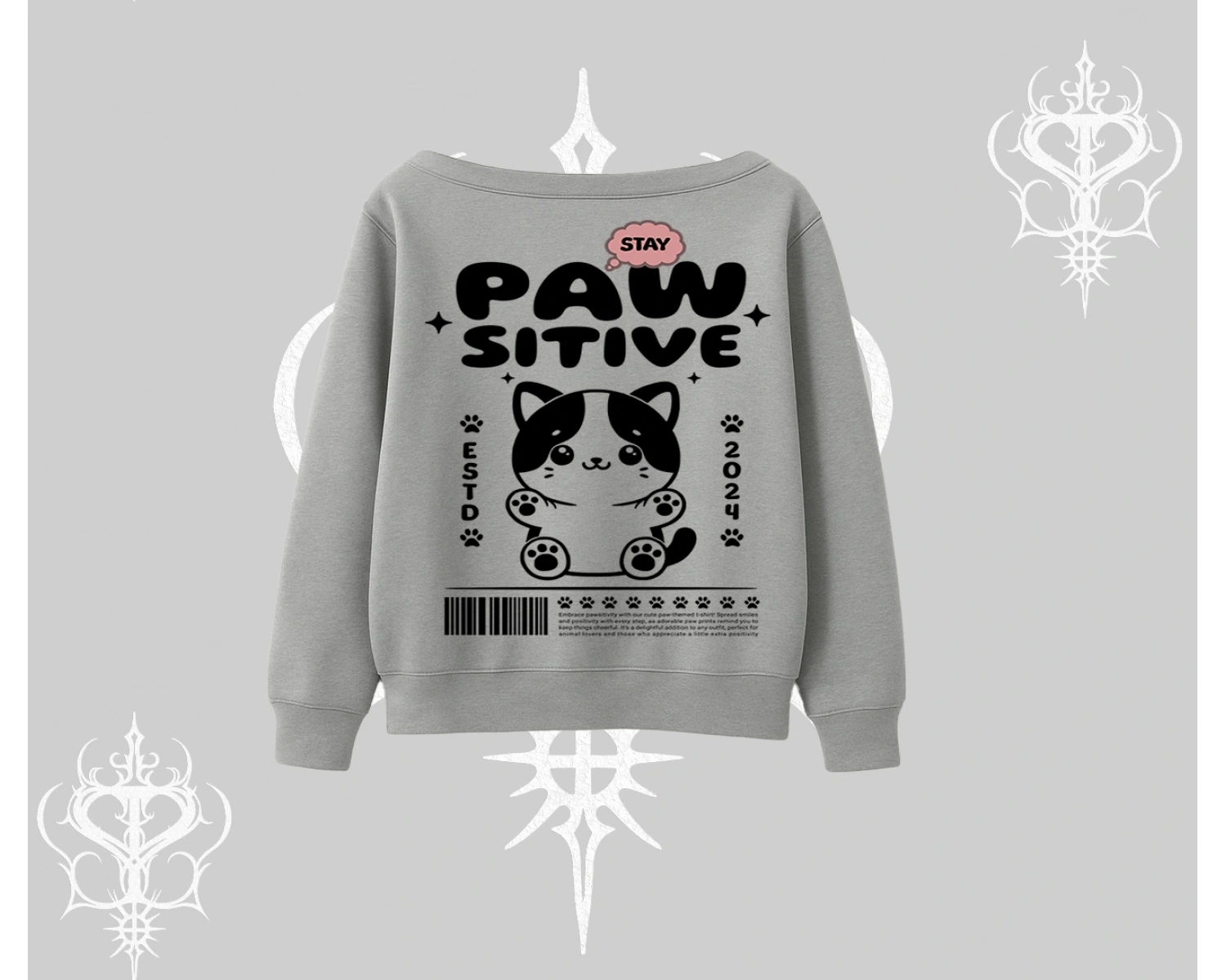 Paw Sitive Kedi Arka Baskılı Kayık Yaka Sweatshirt