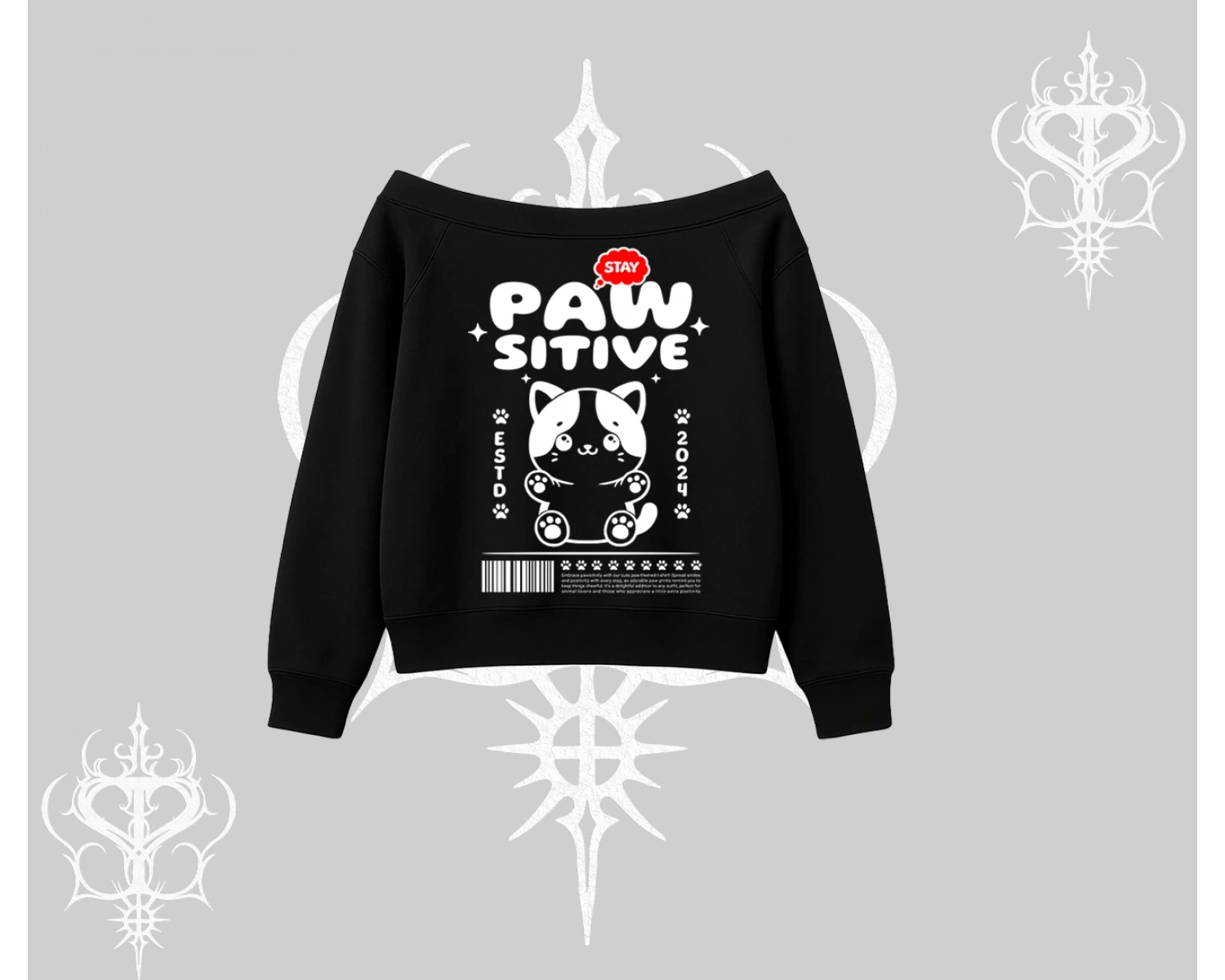 Paw Sitive Kedi Arka Baskılı Kayık Yaka Sweatshirt