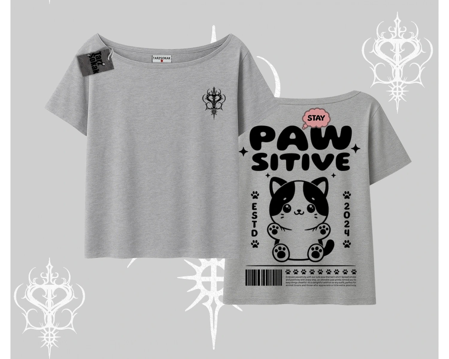 Paw Sitive Kedi Arka Baskılı Kayık Yaka Tshirt