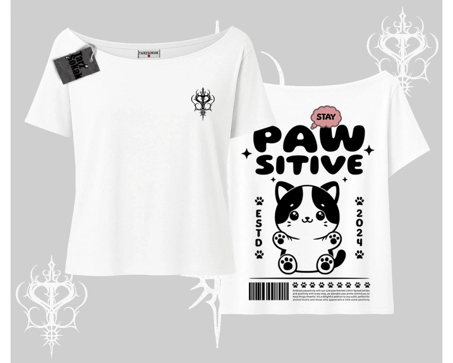 Paw Sitive Kedi Arka Baskılı Kayık Yaka Tshirt
