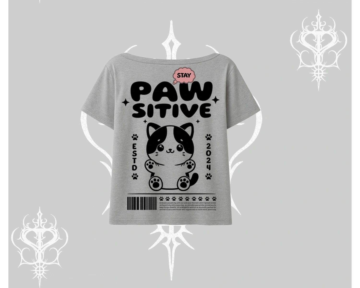 Paw Sitive Kedi Arka Baskılı Kayık Yaka Tshirt