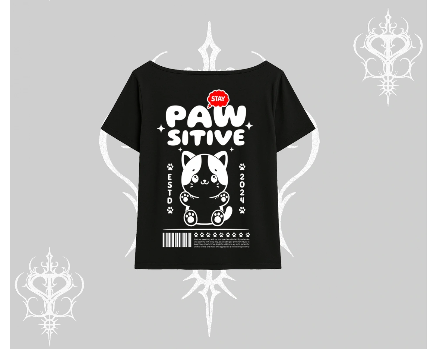 Paw Sitive Kedi Arka Baskılı Kayık Yaka Tshirt