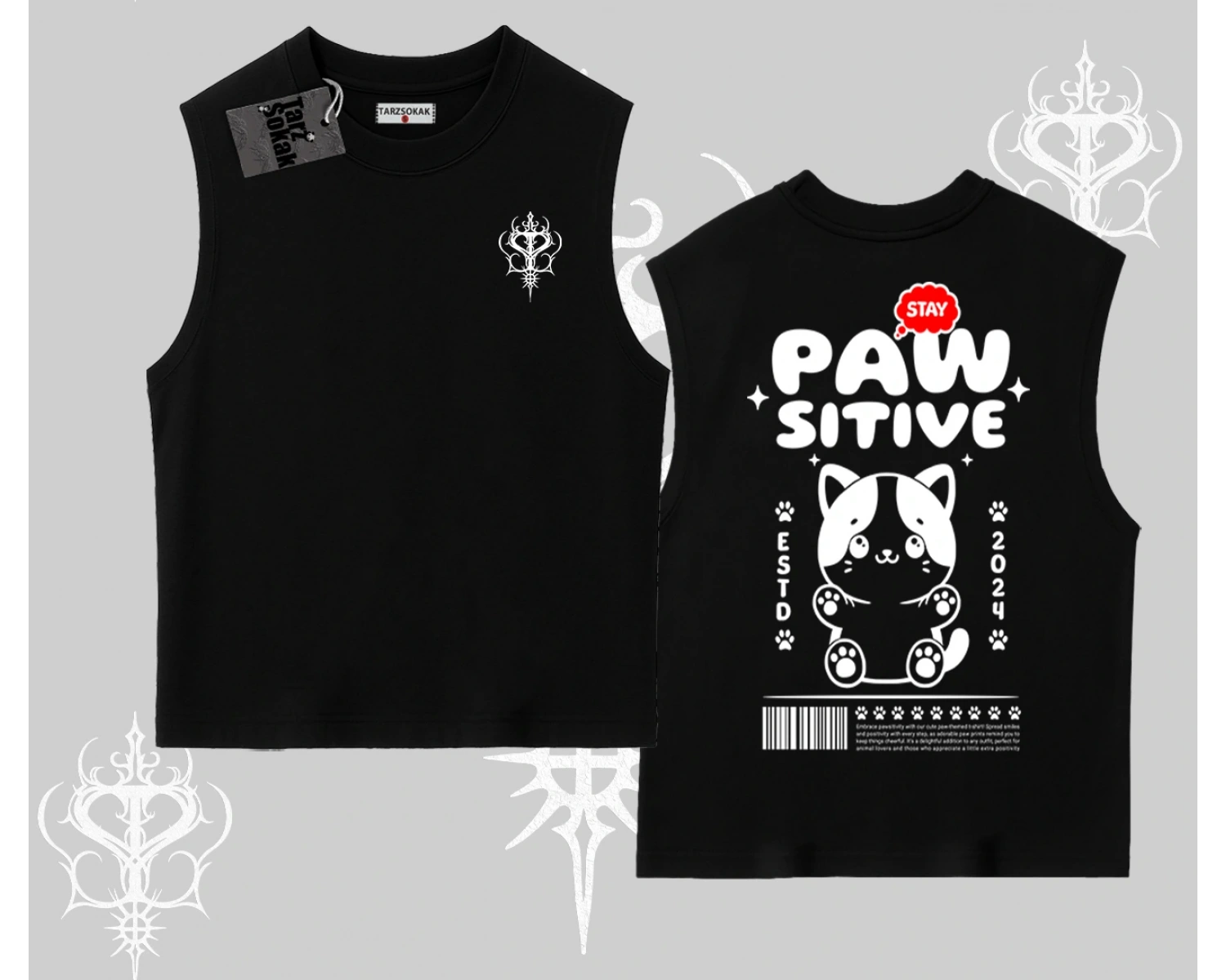Paw Sitive Kedi Arka Baskılı Kolsuz Tshirt