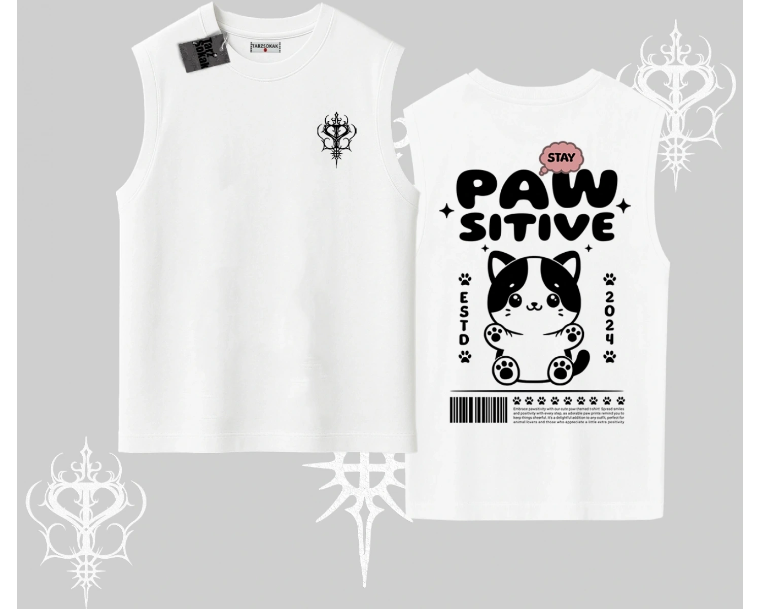 Paw Sitive Kedi Arka Baskılı Kolsuz Tshirt