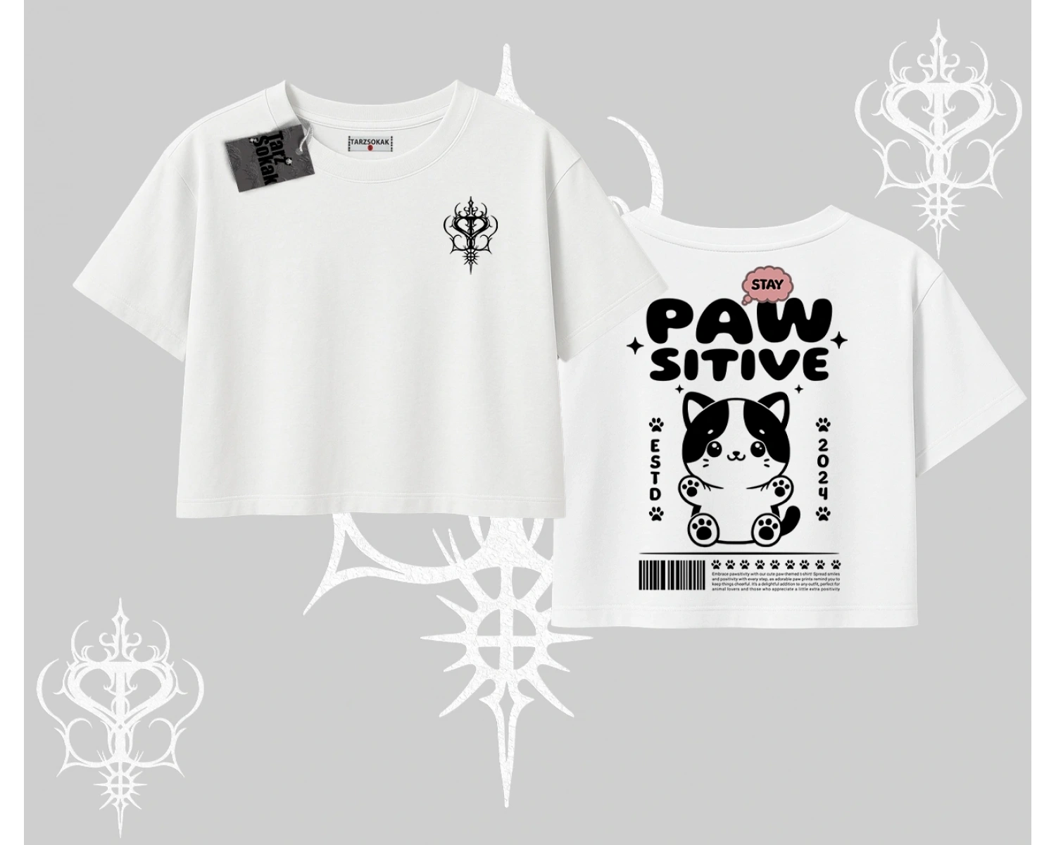 Paw Sitive Kedi Arka Baskılı Oversize Crop Tshirt