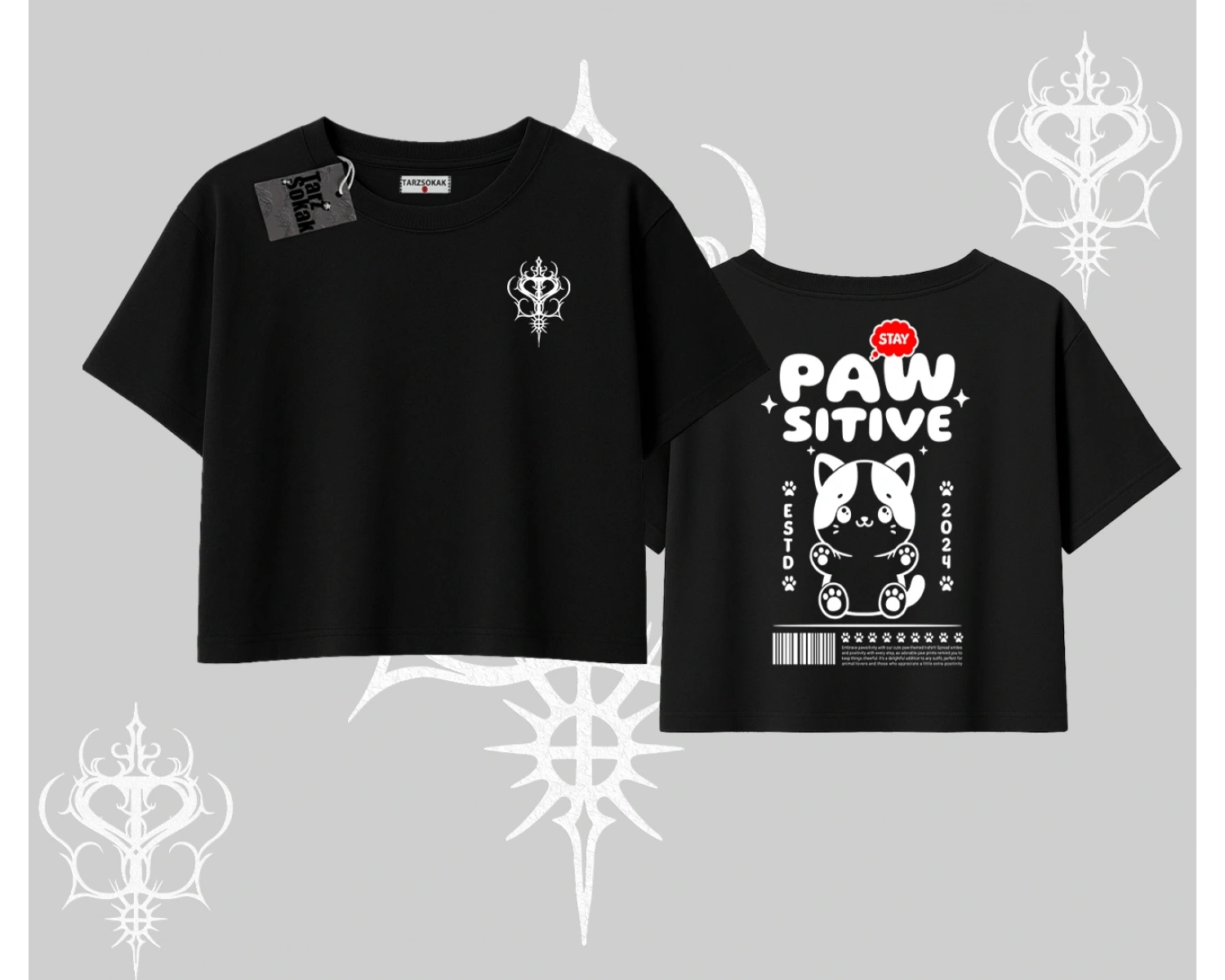 Paw Sitive Kedi Arka Baskılı Oversize Crop Tshirt