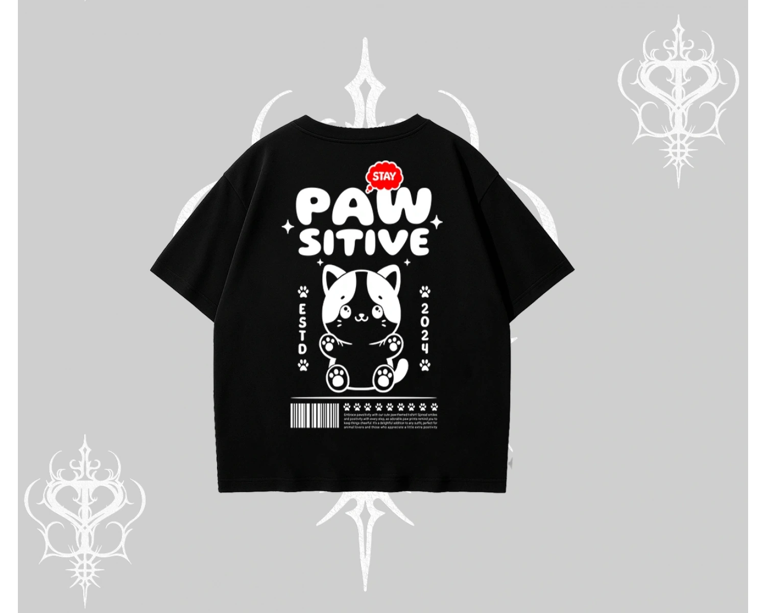 Paw Sitive Kedi Arka Baskılı Oversize Tshirt
