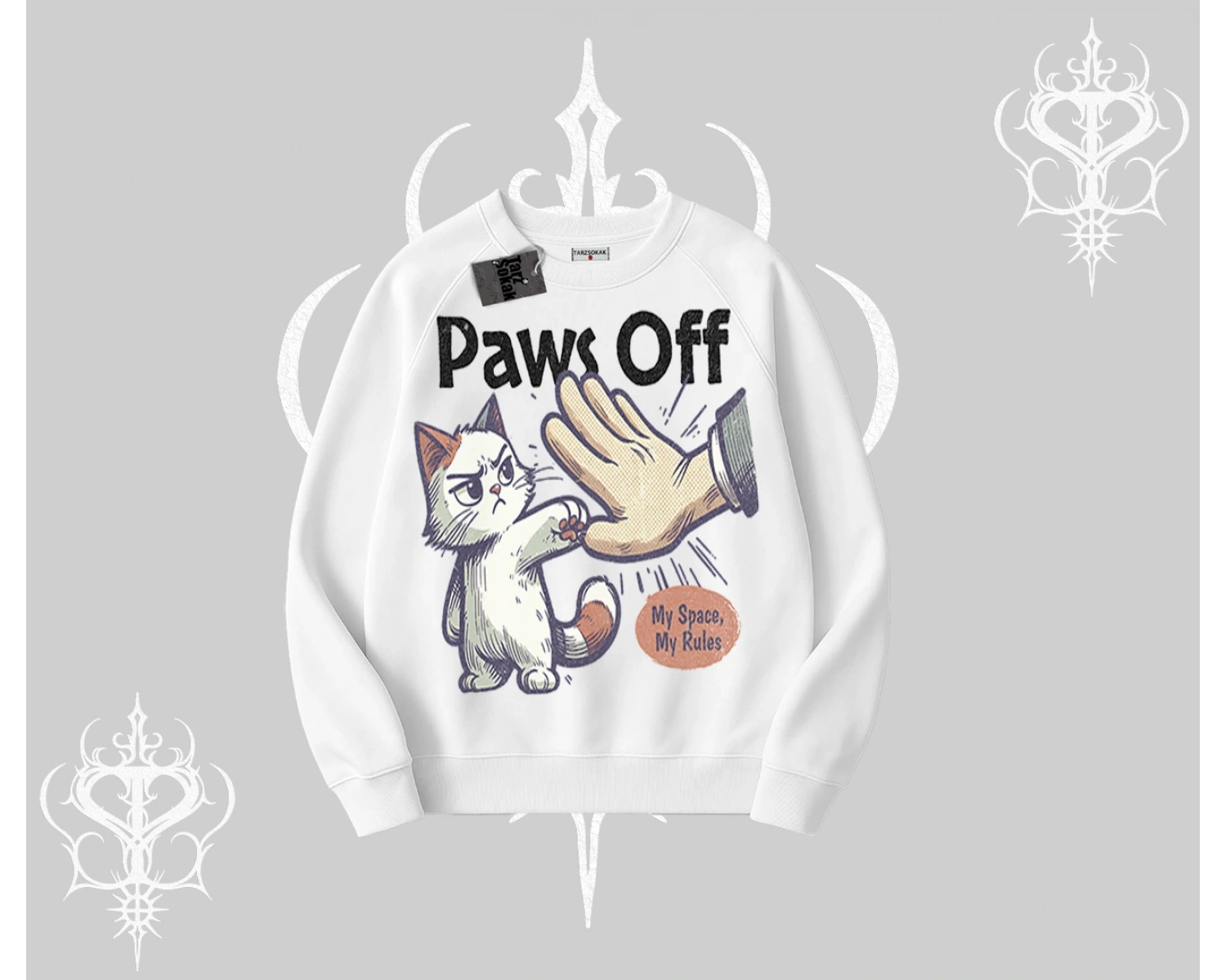 Paws Off Yazılı Kedi Baskılı Streetwear Biskilet Sweatshirt