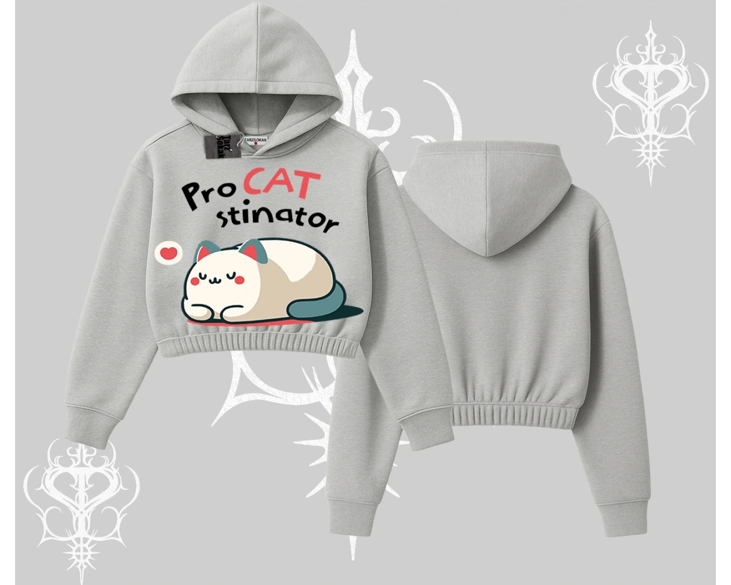 Paws Off Yazılı Kedi Baskılı Streetwear Kapşonlu Crop Sweatshirt