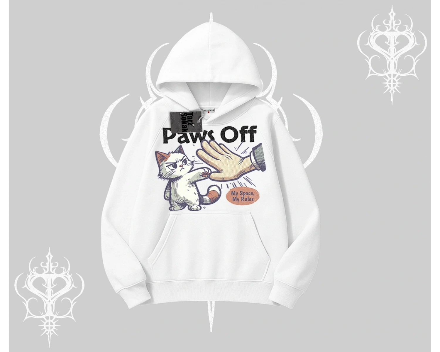 Paws Off Yazılı Kedi Baskılı Streetwear Kapşonlu Sweatshirt