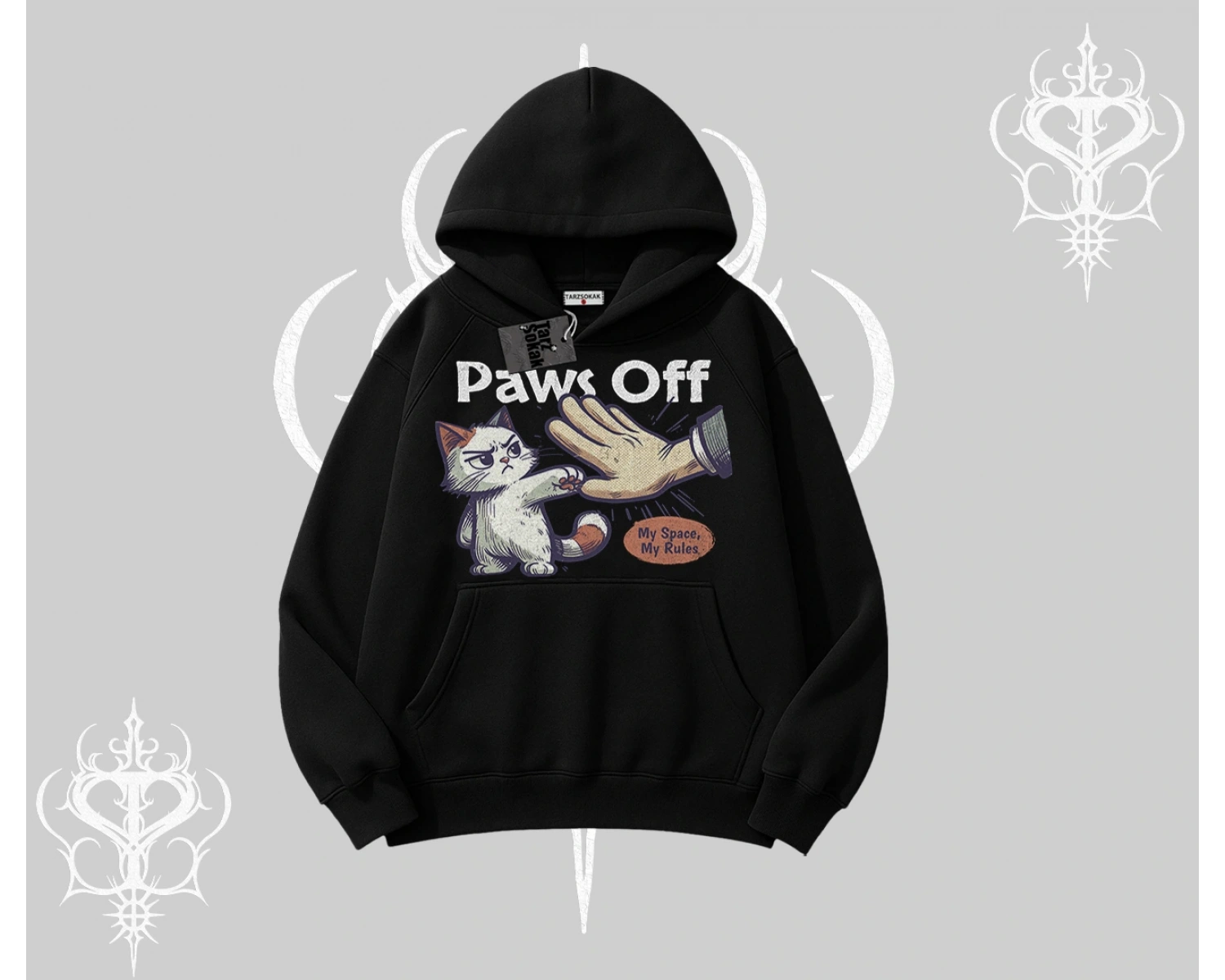 Paws Off Yazılı Kedi Baskılı Streetwear Kapşonlu Sweatshirt