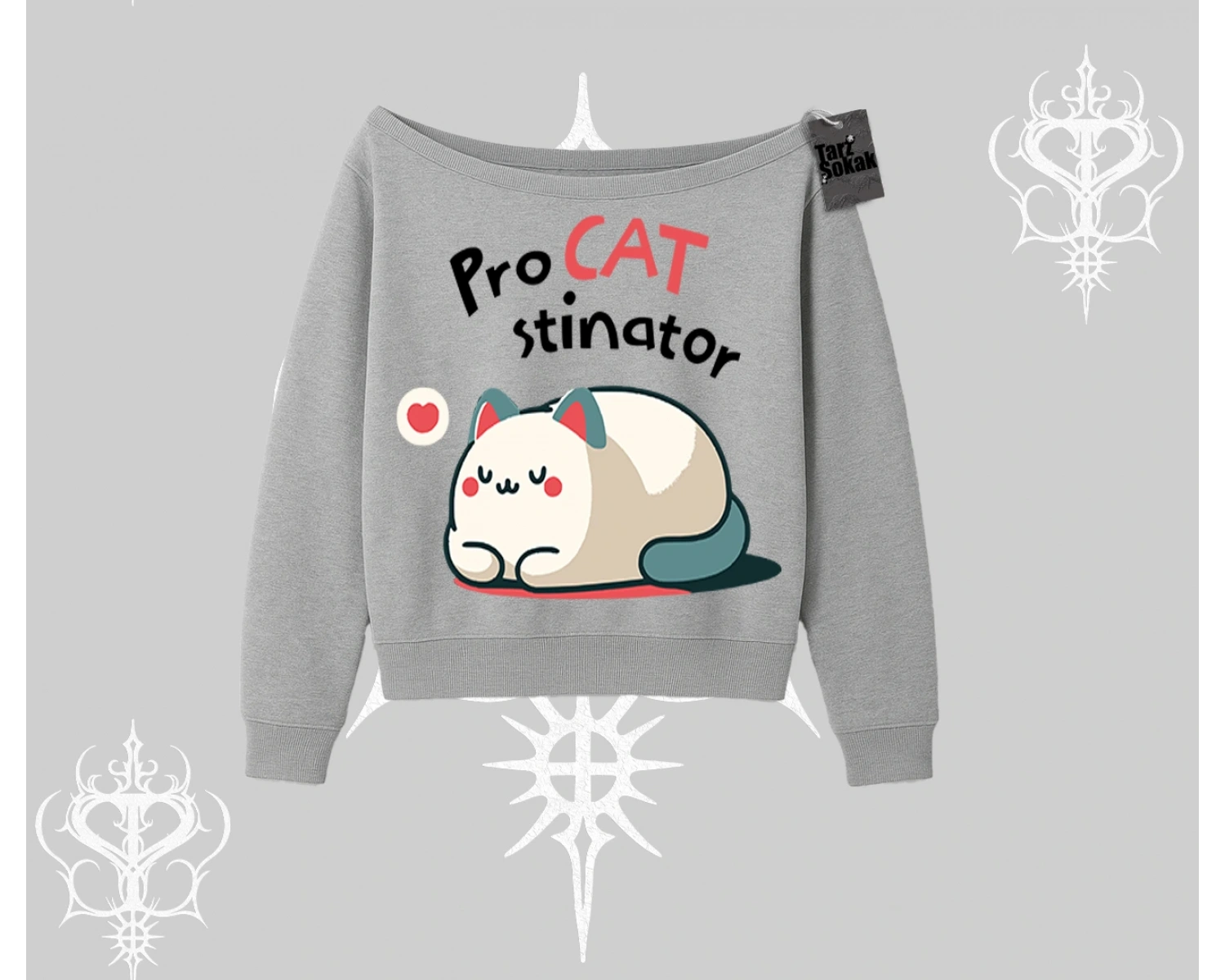 Paws Off Yazılı Kedi Baskılı Streetwear Kayık Yaka Sweatshirt