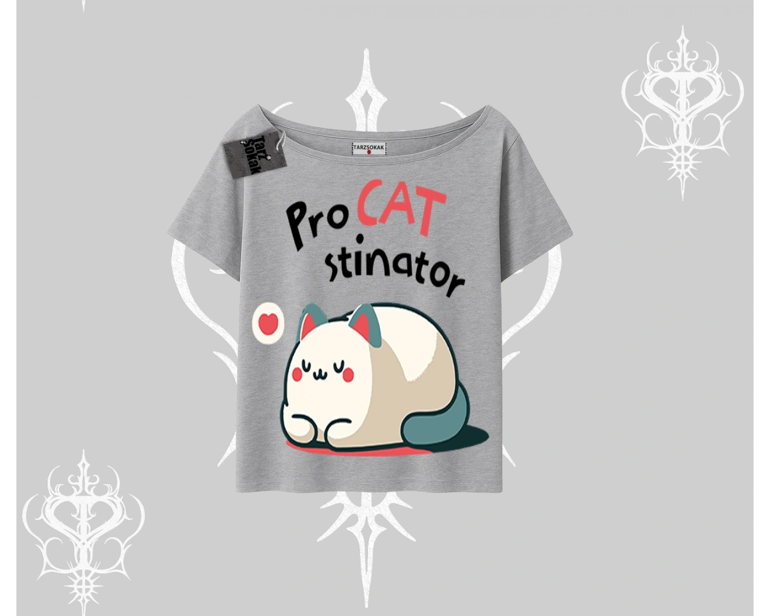 Paws Off Yazılı Kedi Baskılı Streetwear Kayık Yaka Tshirt