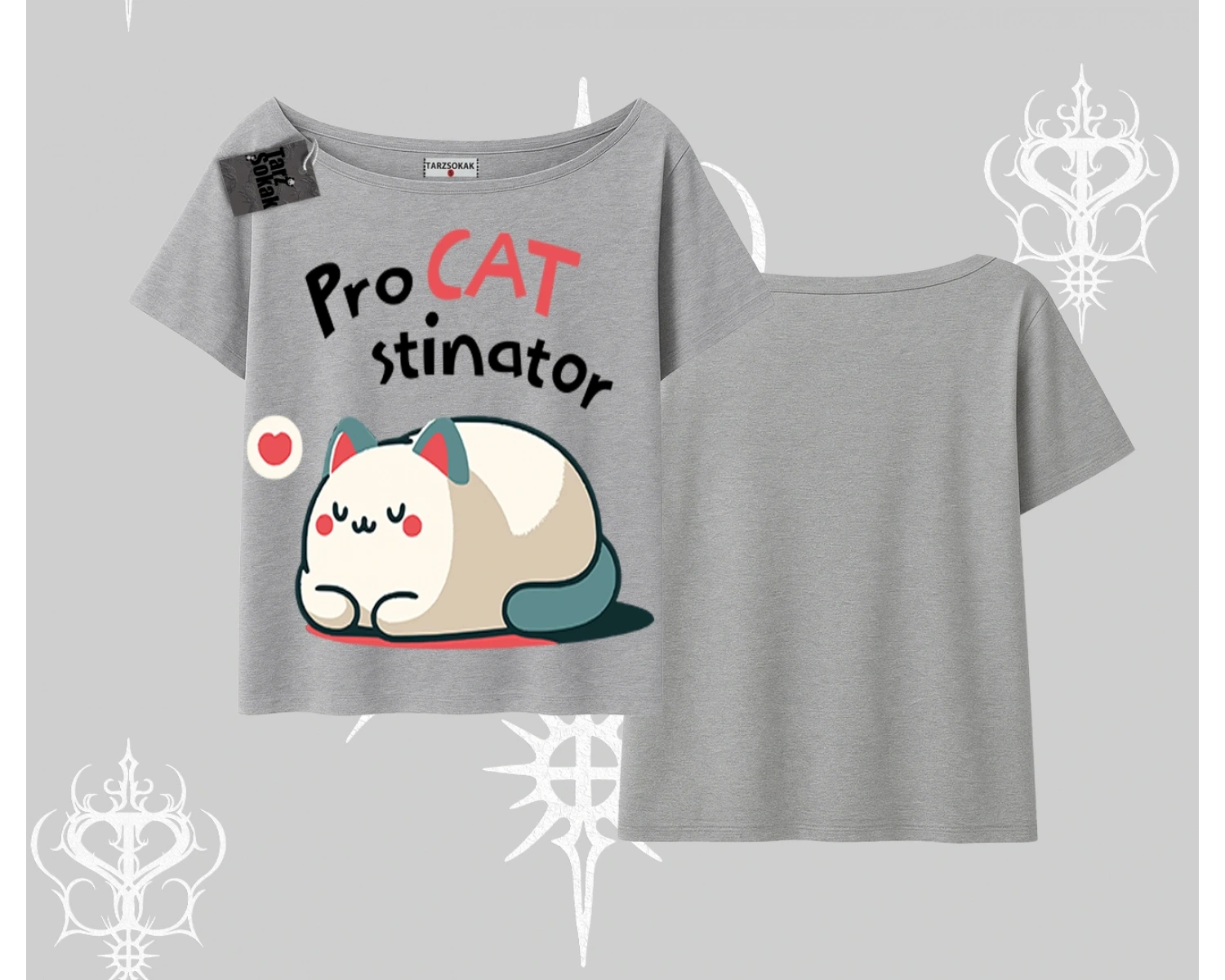 Paws Off Yazılı Kedi Baskılı Streetwear Kayık Yaka Tshirt