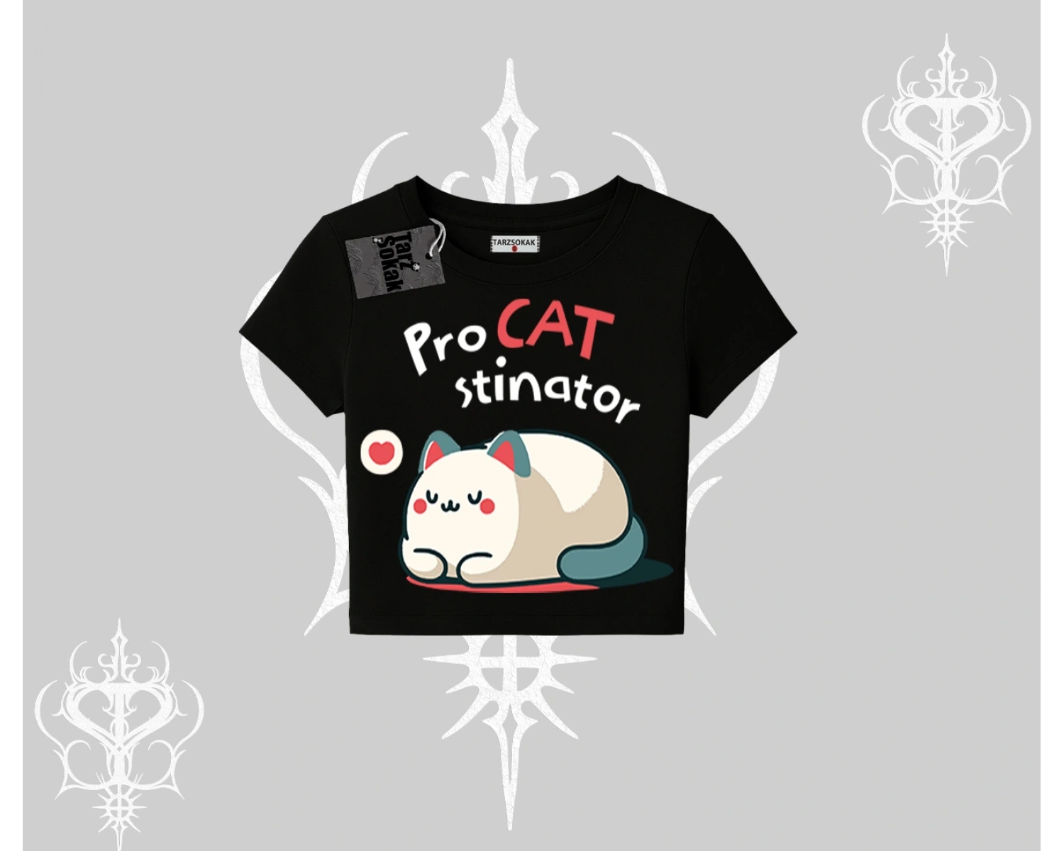 Paws Off Yazılı Kedi Baskılı Streetwear Oversize Crop Tshirt