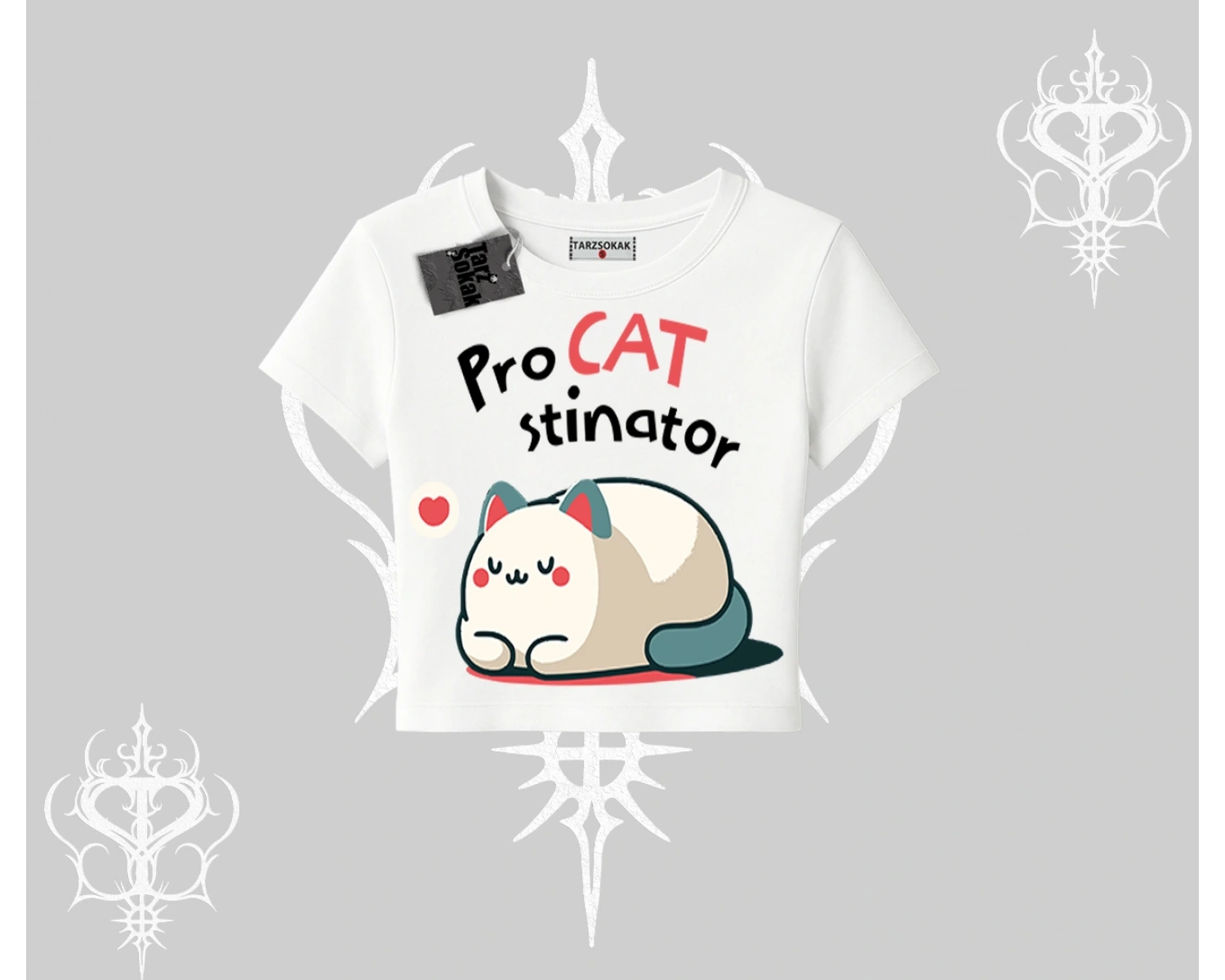 Paws Off Yazılı Kedi Baskılı Streetwear Oversize Crop Tshirt