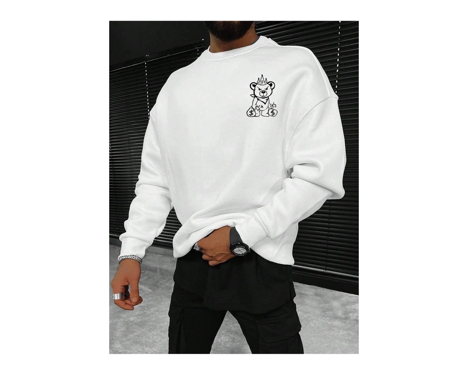 Plus Bear And Slogan Graphic Sweatshirt Beyaz