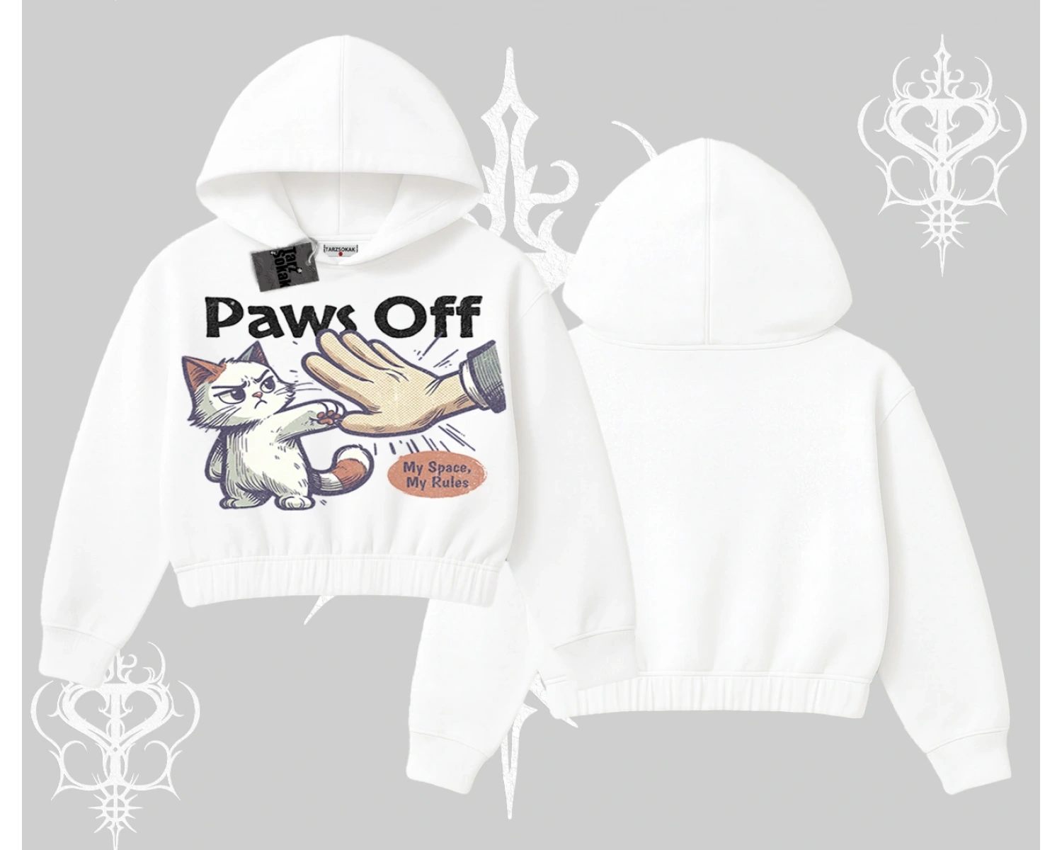 ProCATstinator Kedi Baskılı Kapşonlu Crop Sweatshirt