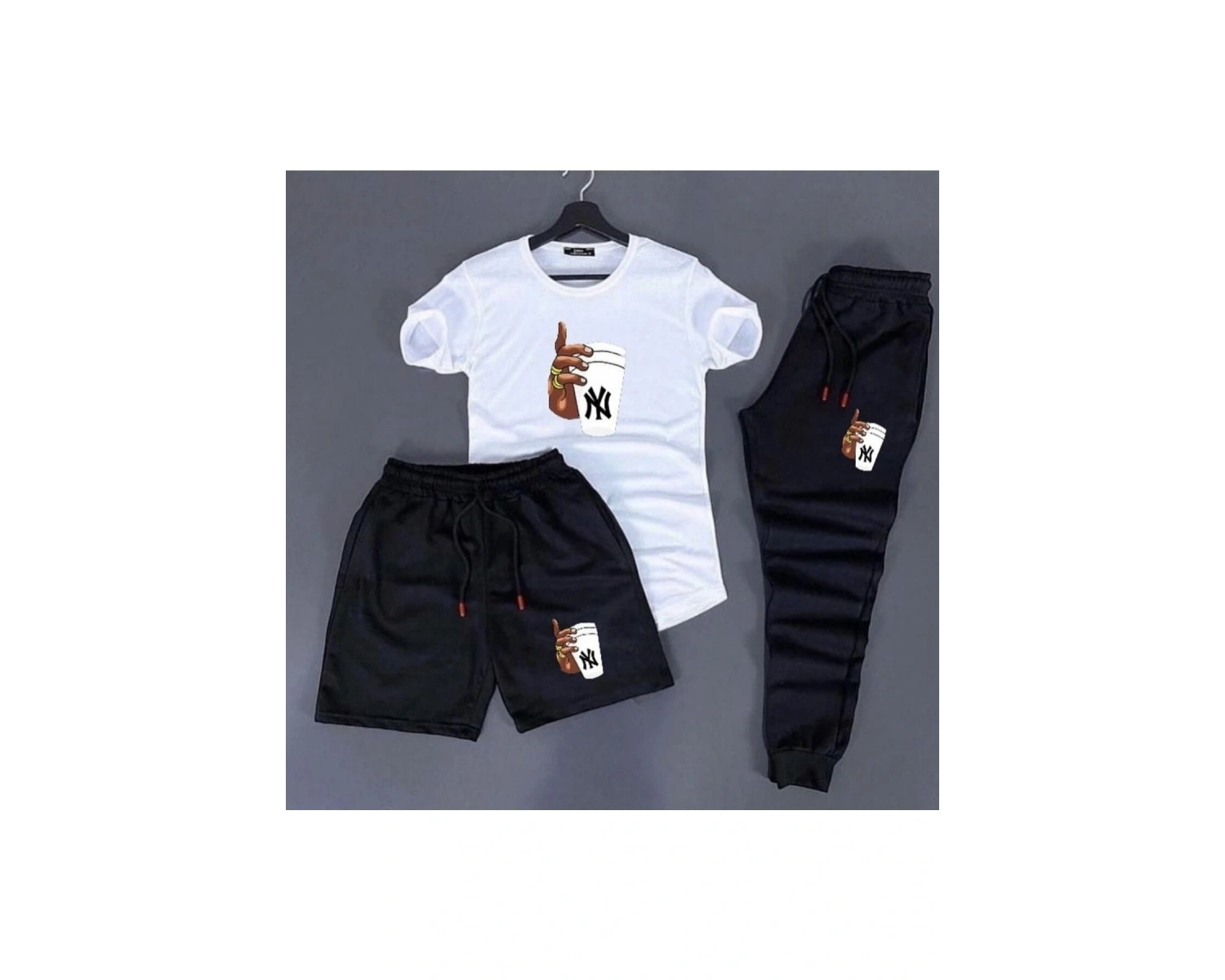 PUNIX Yüzüklü Bardak Tutan El Baskılı Kısa Kollu Yazlık Erkek 3 Lü Eşofman Takımı PSTYZL10000