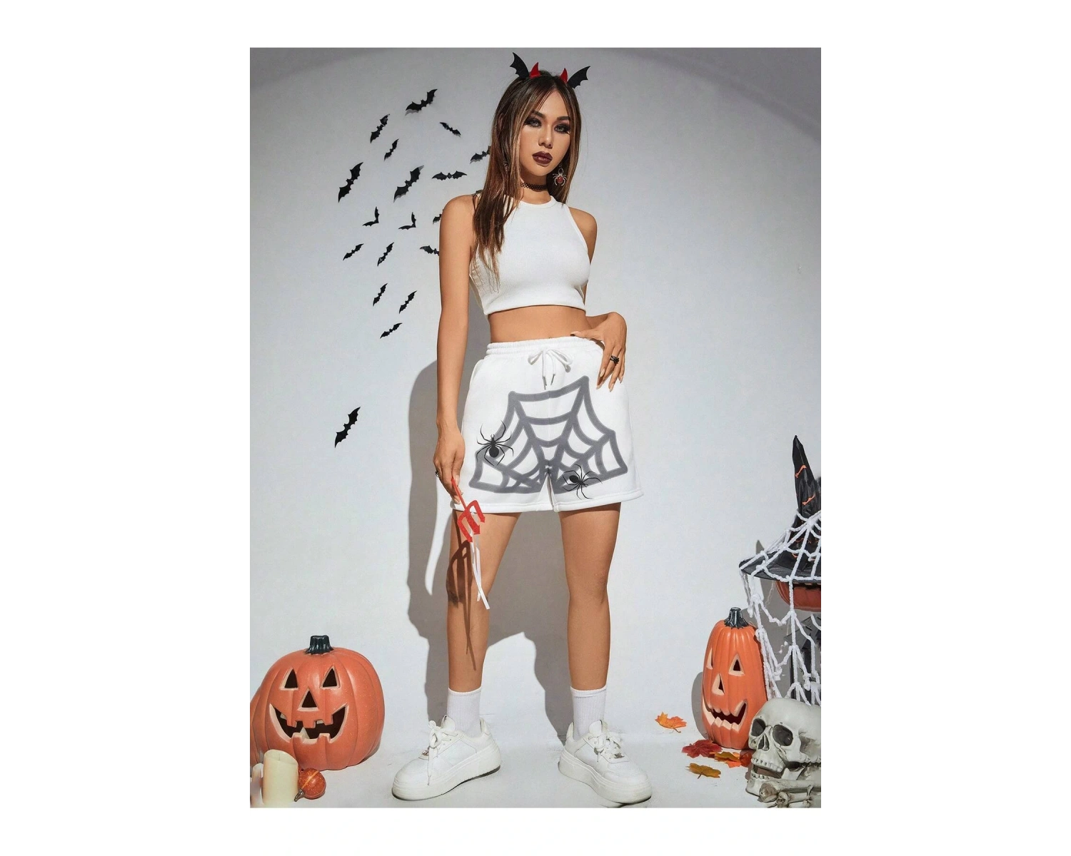 PUNK Halloween Spider Web Print Drawstring Waist Şort