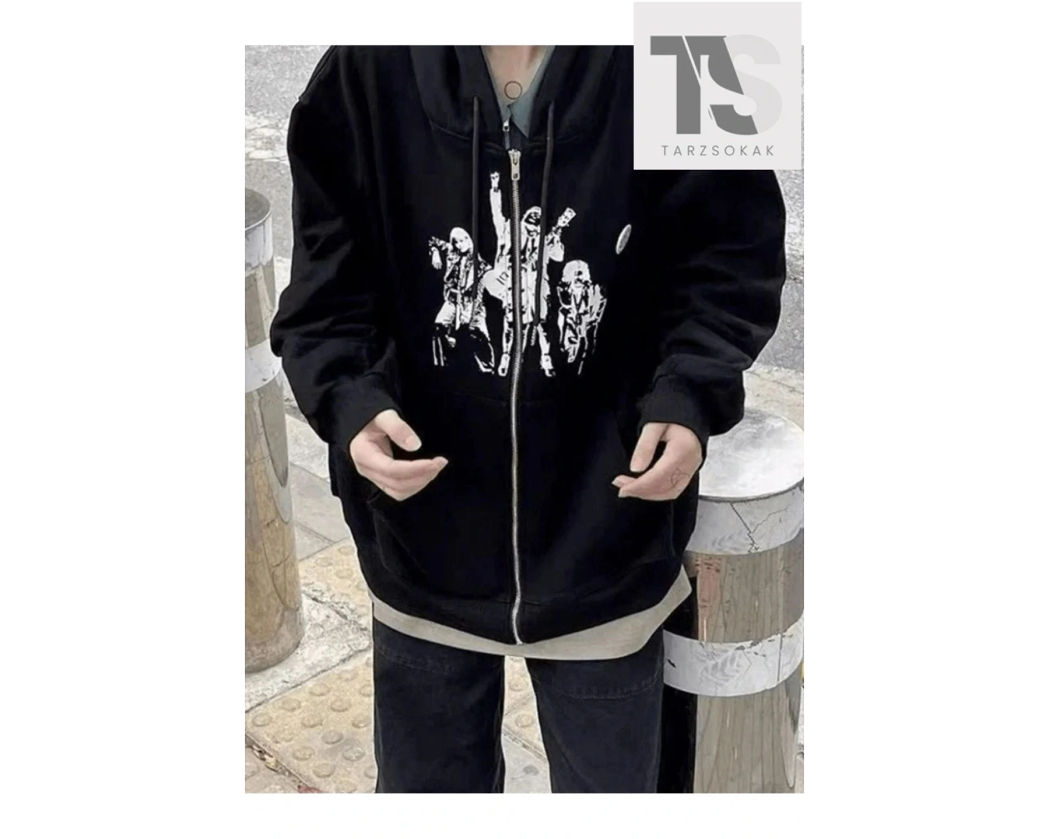 Punk Tasarım Sweatshirt Fermuarlı Hırka Siyah