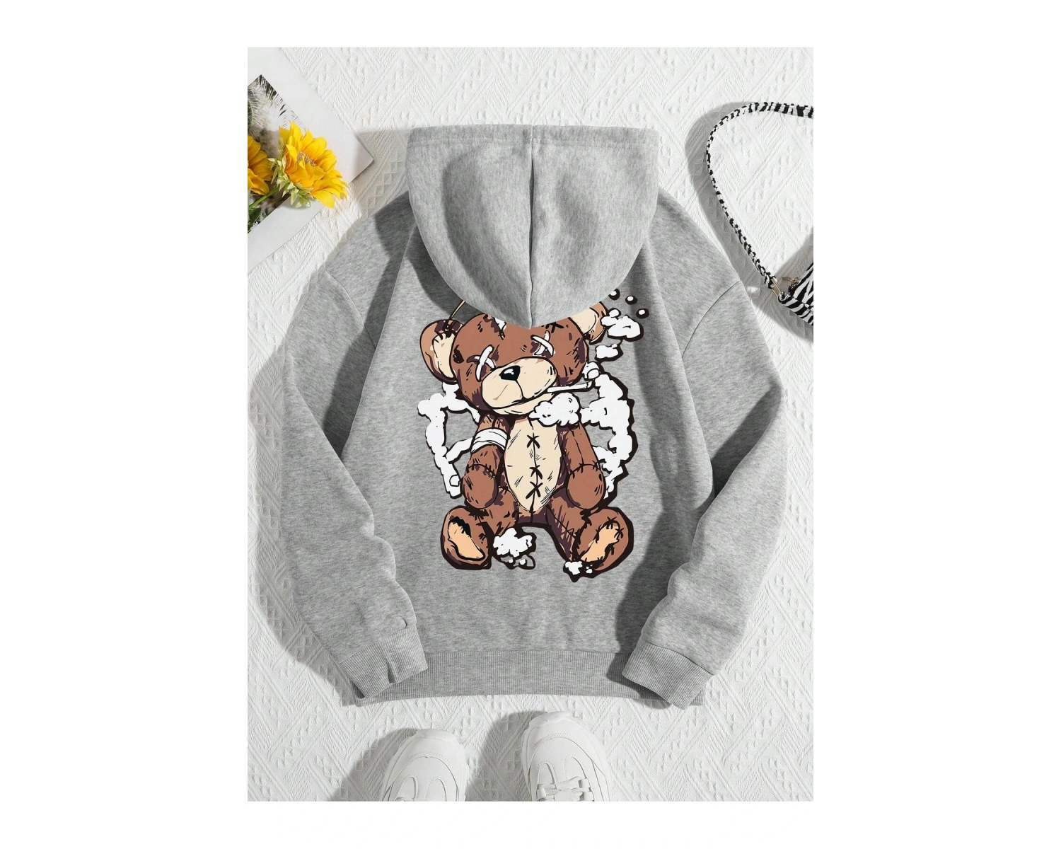 Qutie Ayı Baskı Kanguru Cepli İpli Kapşonlu Gri