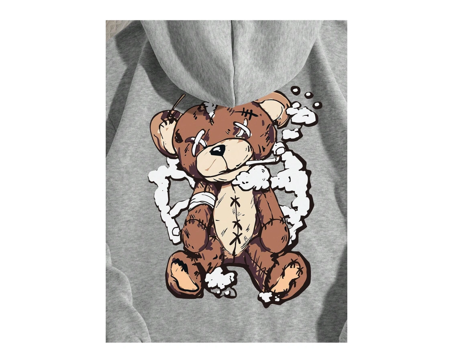 Qutie Ayı Baskı Kanguru Cepli İpli Kapşonlu Gri