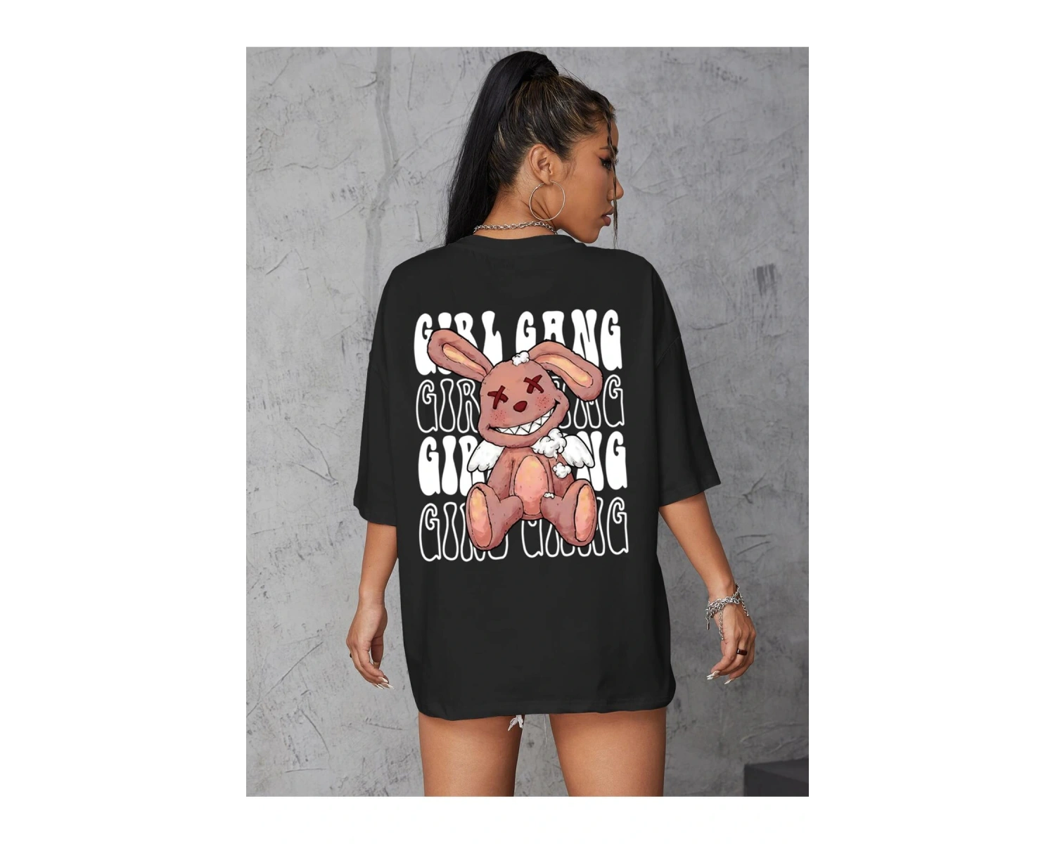 Qutie Mektup ve Karikatür Grafik Düşük Omuz Tişört