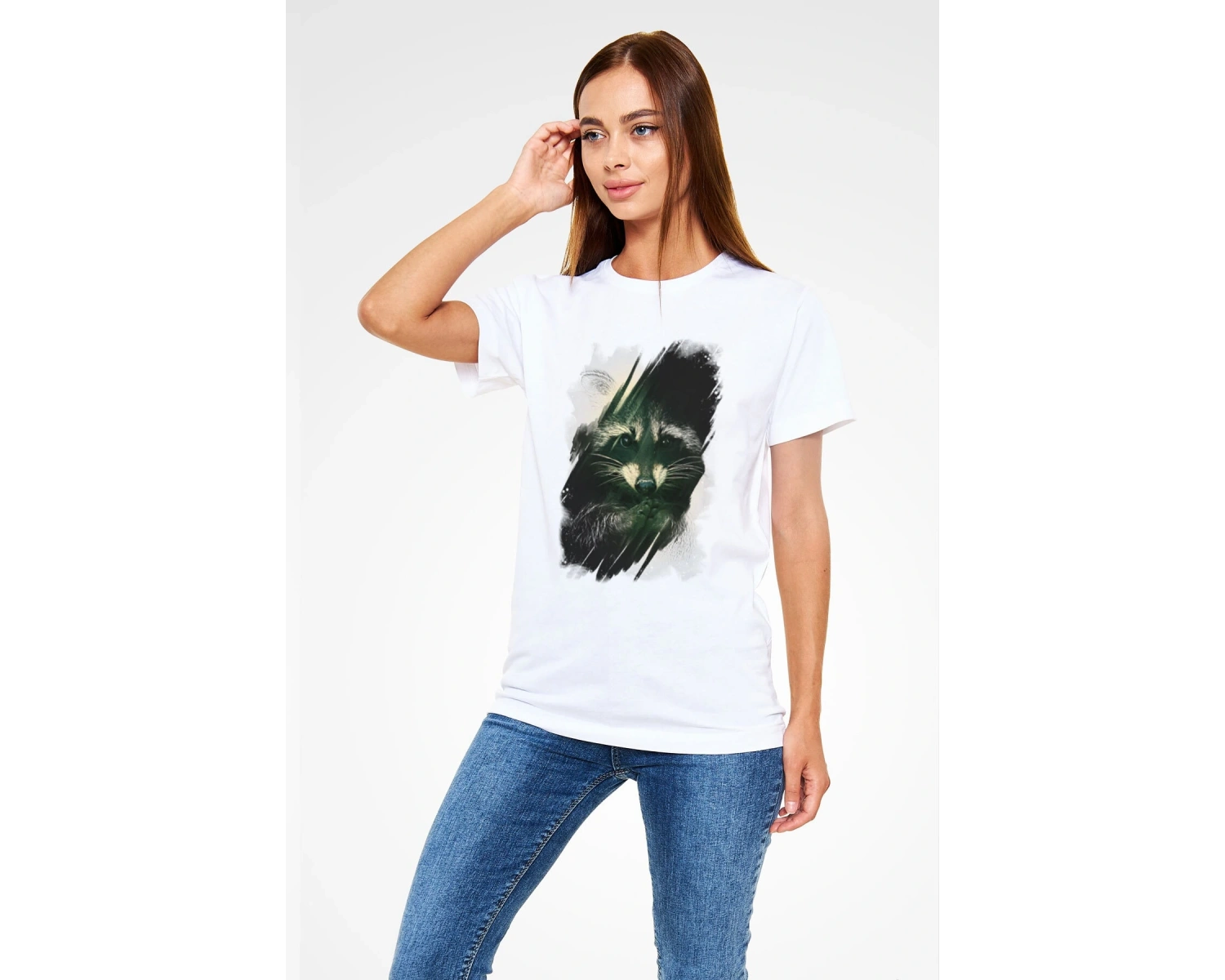 Rakun Baskılı Unisex Beyaz Tişört