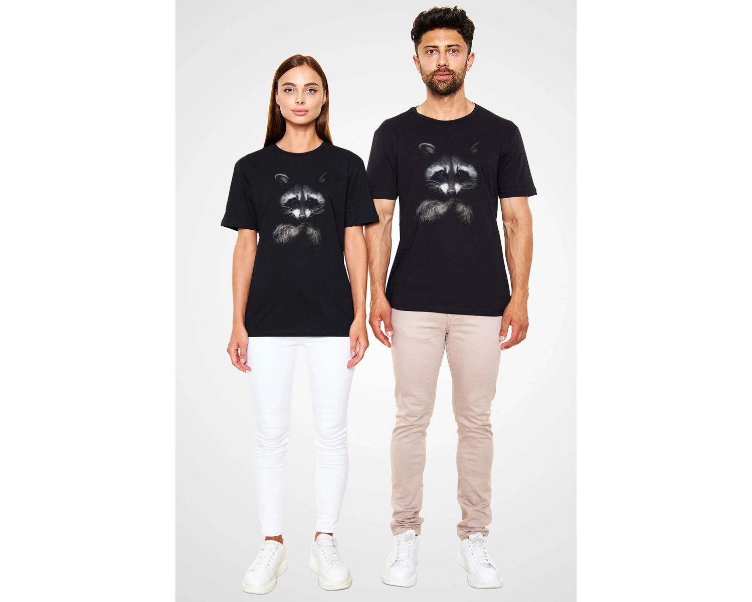Rakun Baskılı Unisex Beyaz Tişört