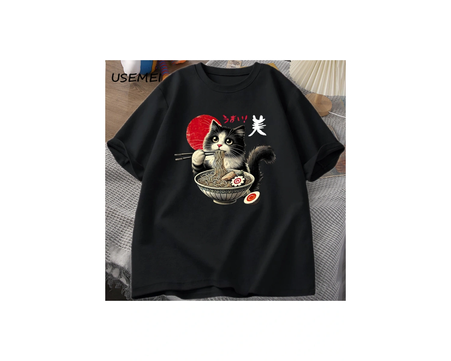 Ramen Kedi T-Shirt Erkek Kadın Japon Foodie Tee Komik Kedi Şehriye T-Shirt Komik Kitty Ramen 3010