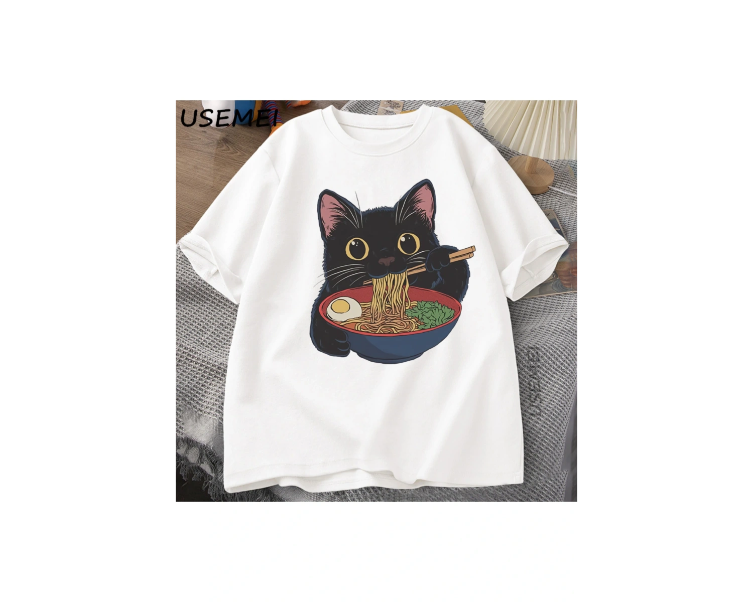 Ramen Kedi Tshirt Japon Tarzı Kedi Sevgilisi T-Shirt Kawaii Karikatür Pamuk Kısa Kollu T Shir 2863