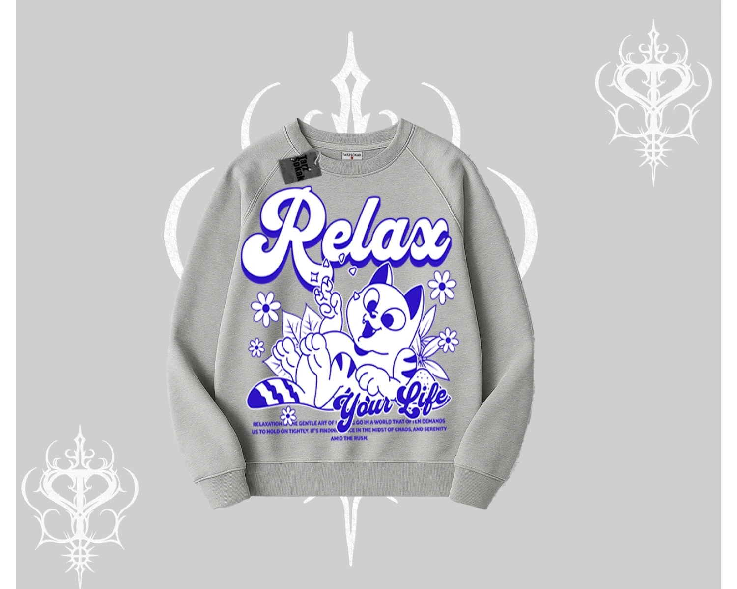 Relax Kedi Baskılı Biskilet Sweatshirt