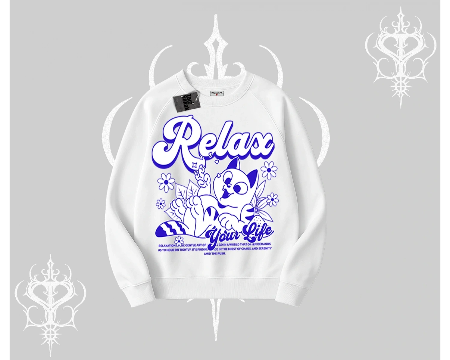 Relax Kedi Baskılı Biskilet Sweatshirt