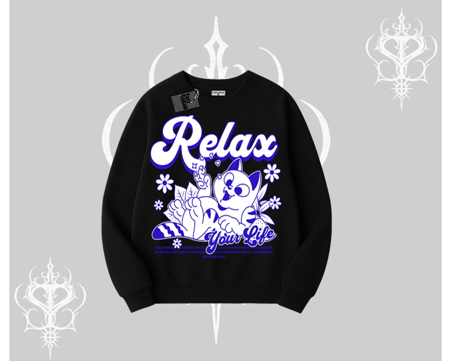 Relax Kedi Baskılı Biskilet Sweatshirt