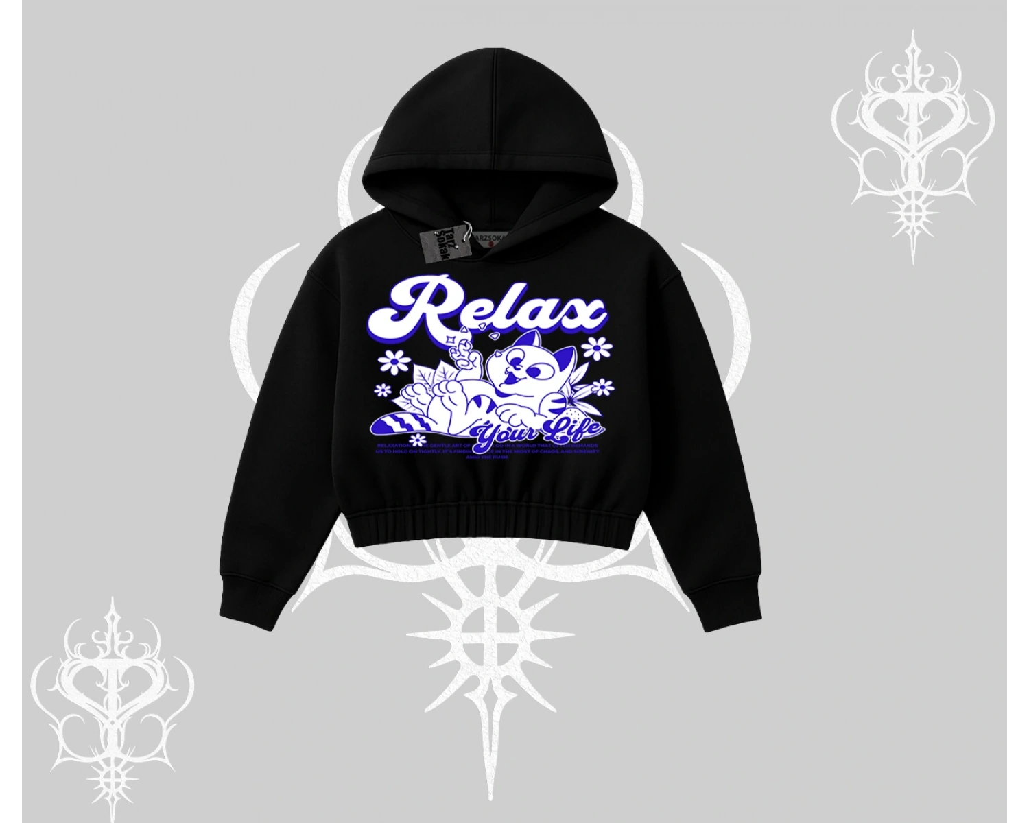 Relax Kedi Baskılı Kapşonlu Crop Sweatshirt
