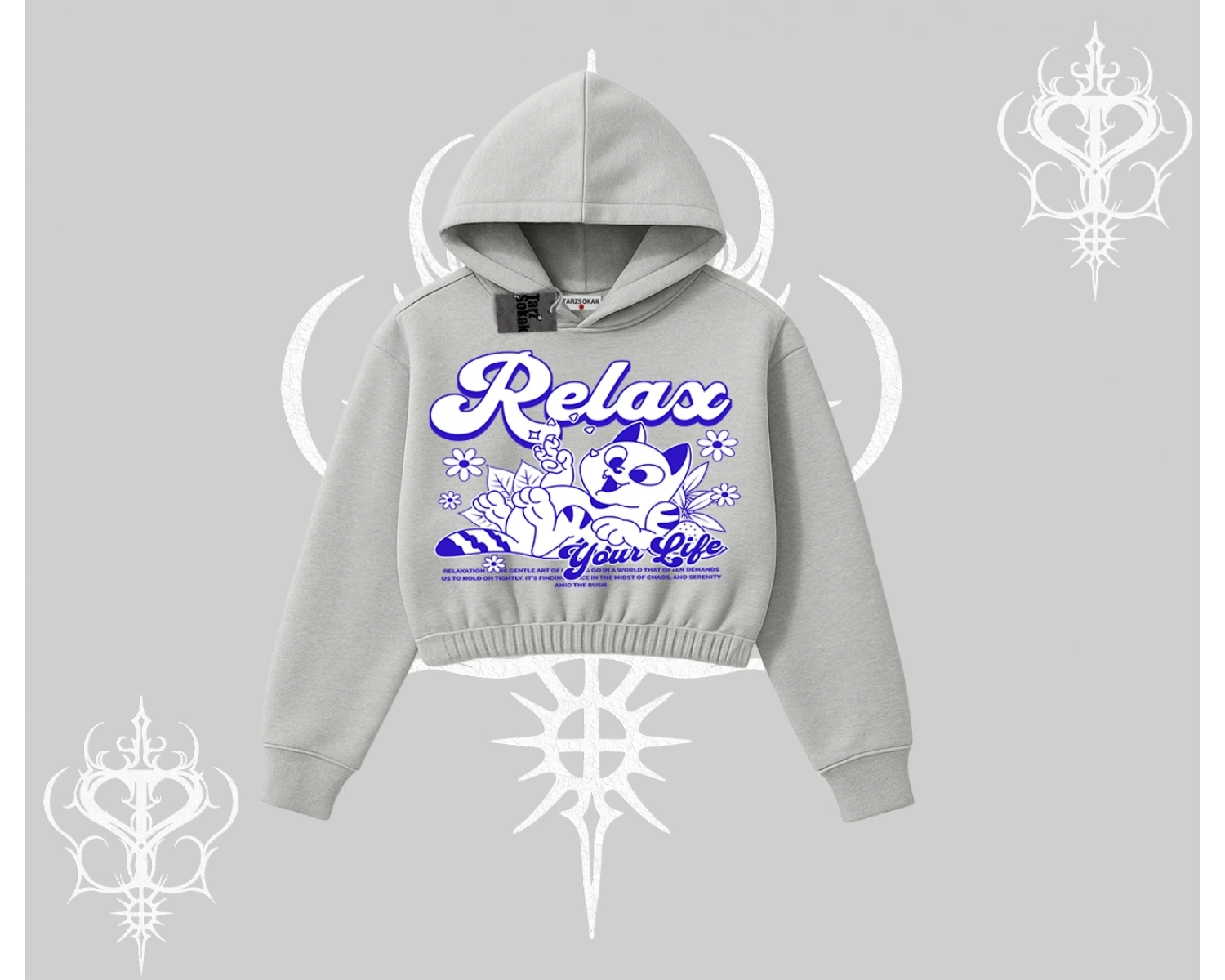 Relax Kedi Baskılı Kapşonlu Crop Sweatshirt