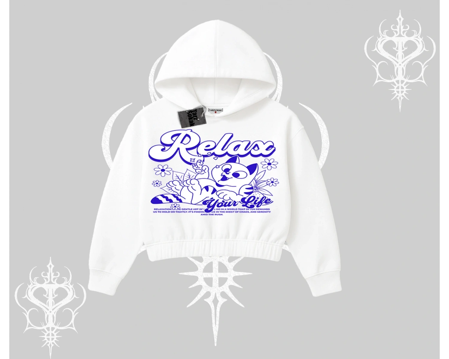 Relax Kedi Baskılı Kapşonlu Crop Sweatshirt