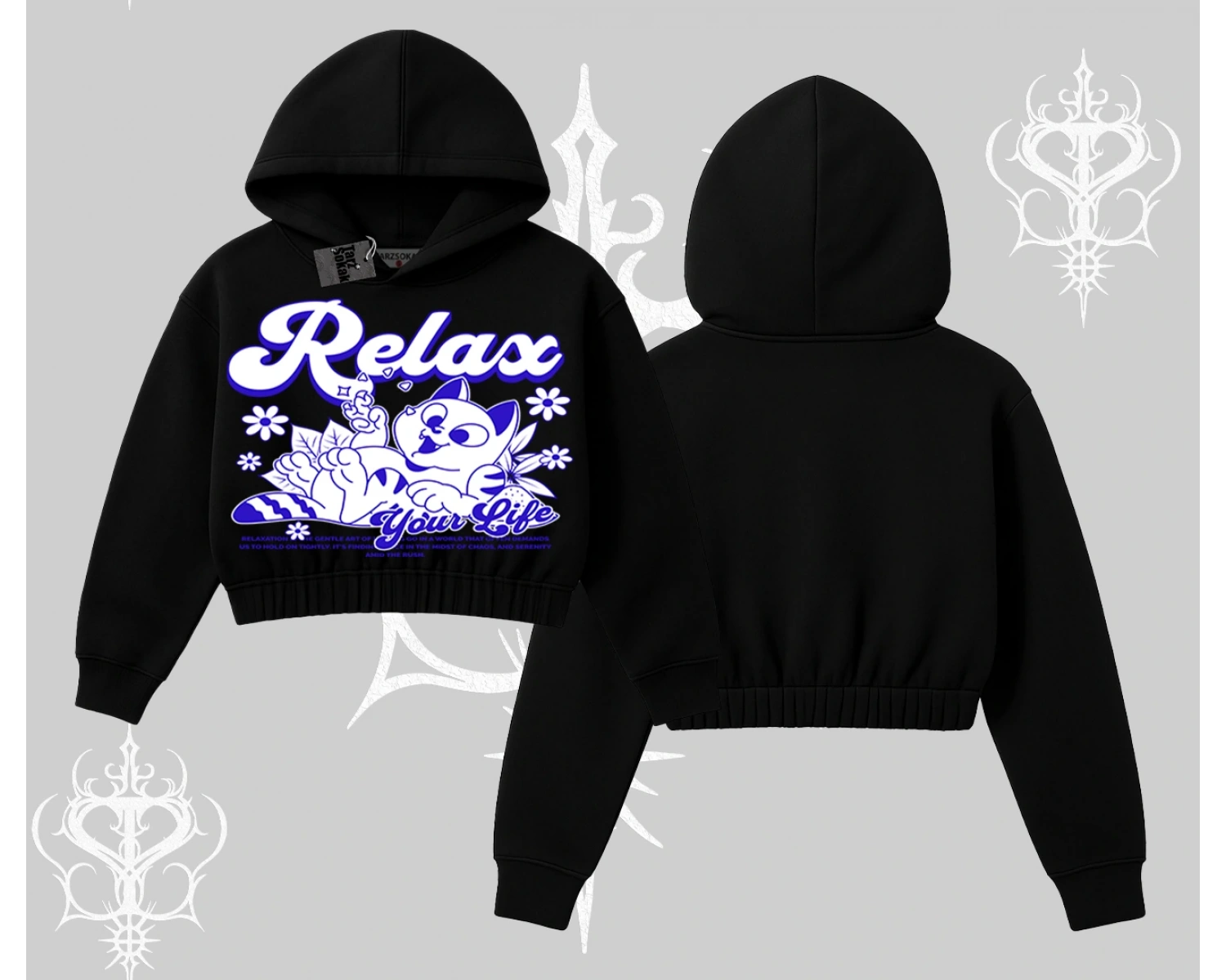Relax Kedi Baskılı Kapşonlu Crop Sweatshirt