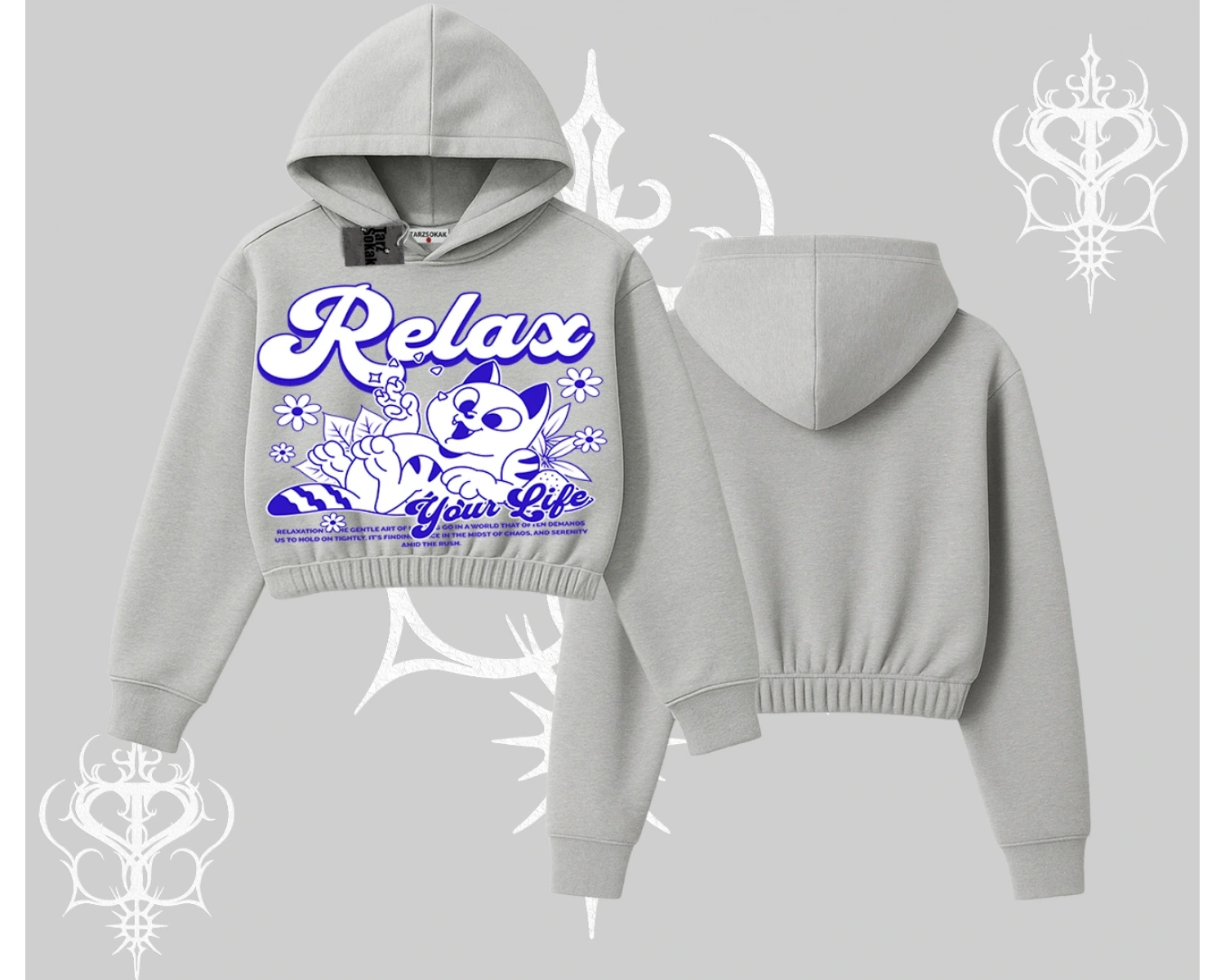 Relax Kedi Baskılı Kapşonlu Crop Sweatshirt