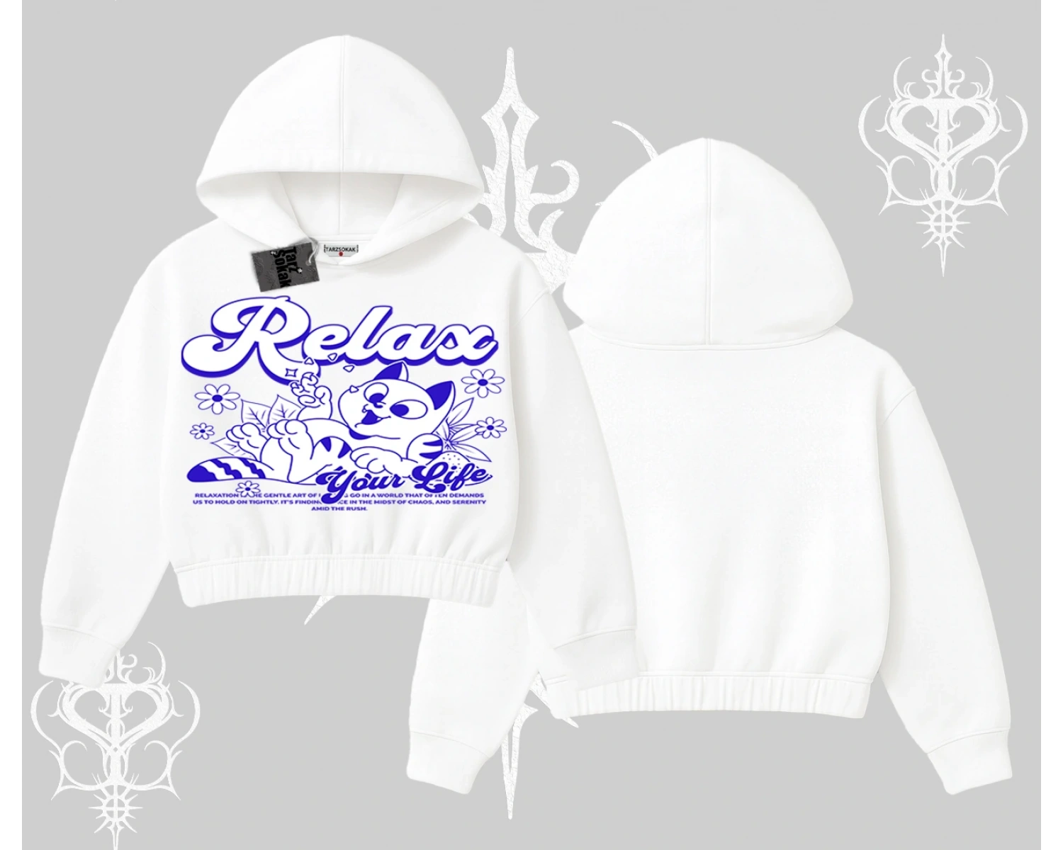 Relax Kedi Baskılı Kapşonlu Crop Sweatshirt